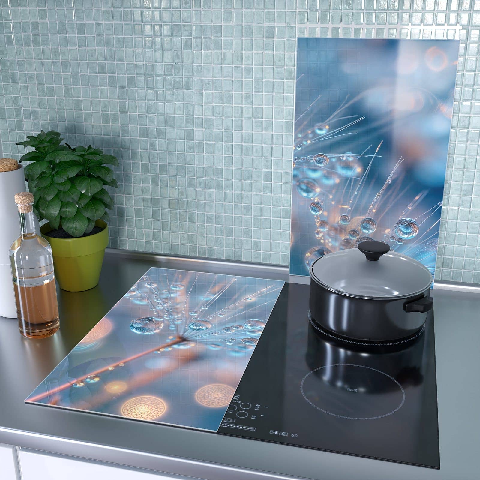 2-teilige Herdabdeckplatten für Ceranfeld mit Wassertropfen Kunst-Motiv als Spritzschutz hinter dem Kochfeld