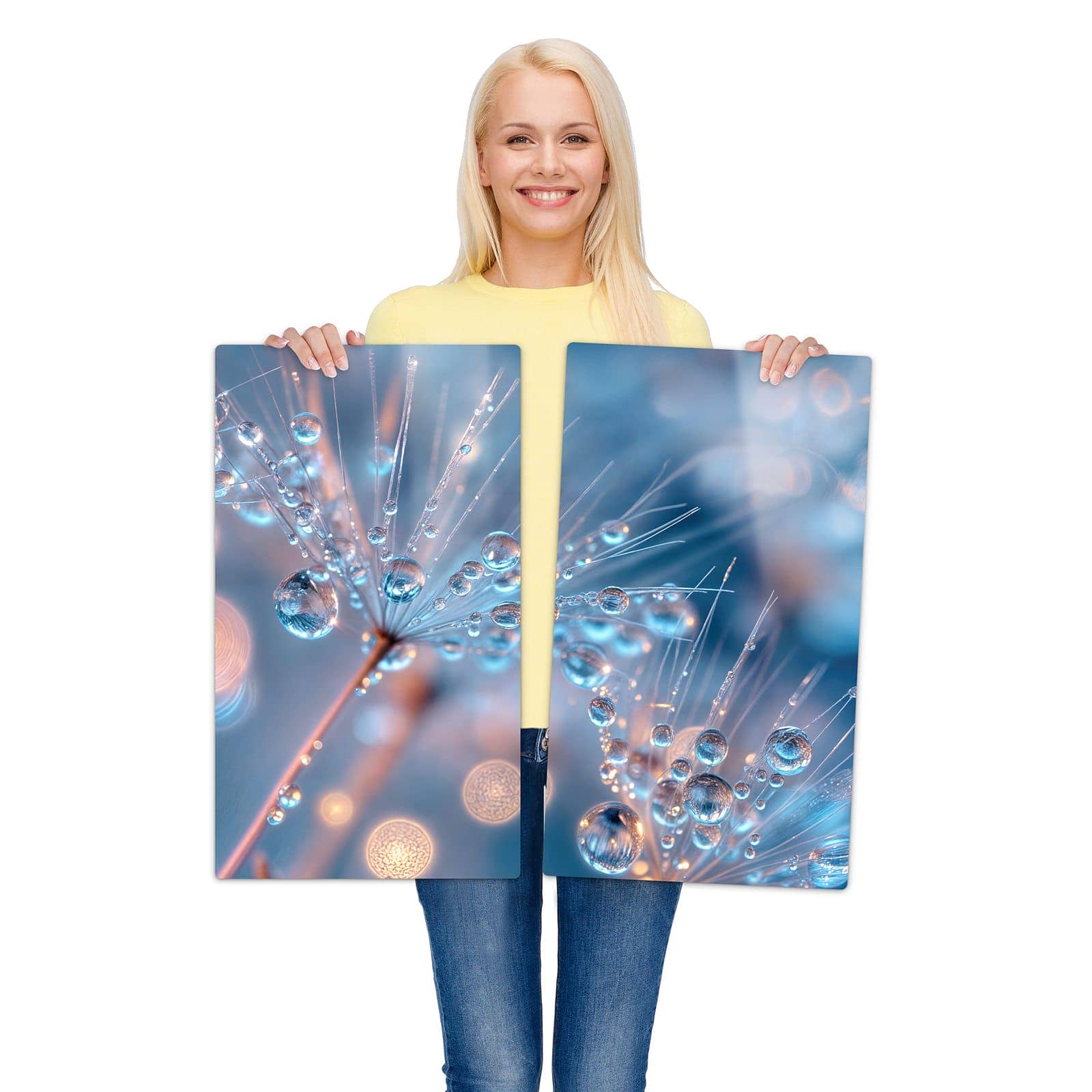 2-teilige Herdabdeckung für Induktionsfeld mit Wassertropfen Kunst-Motiv wird zur Größendarstellung gehalten