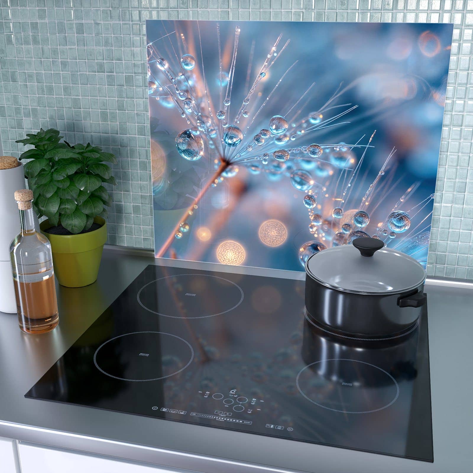 1-teilige Abdeckplatten für Ceranfeld mit Wassertropfen Kunst-Motiv als Spritzschutz hinter dem Kochfeld