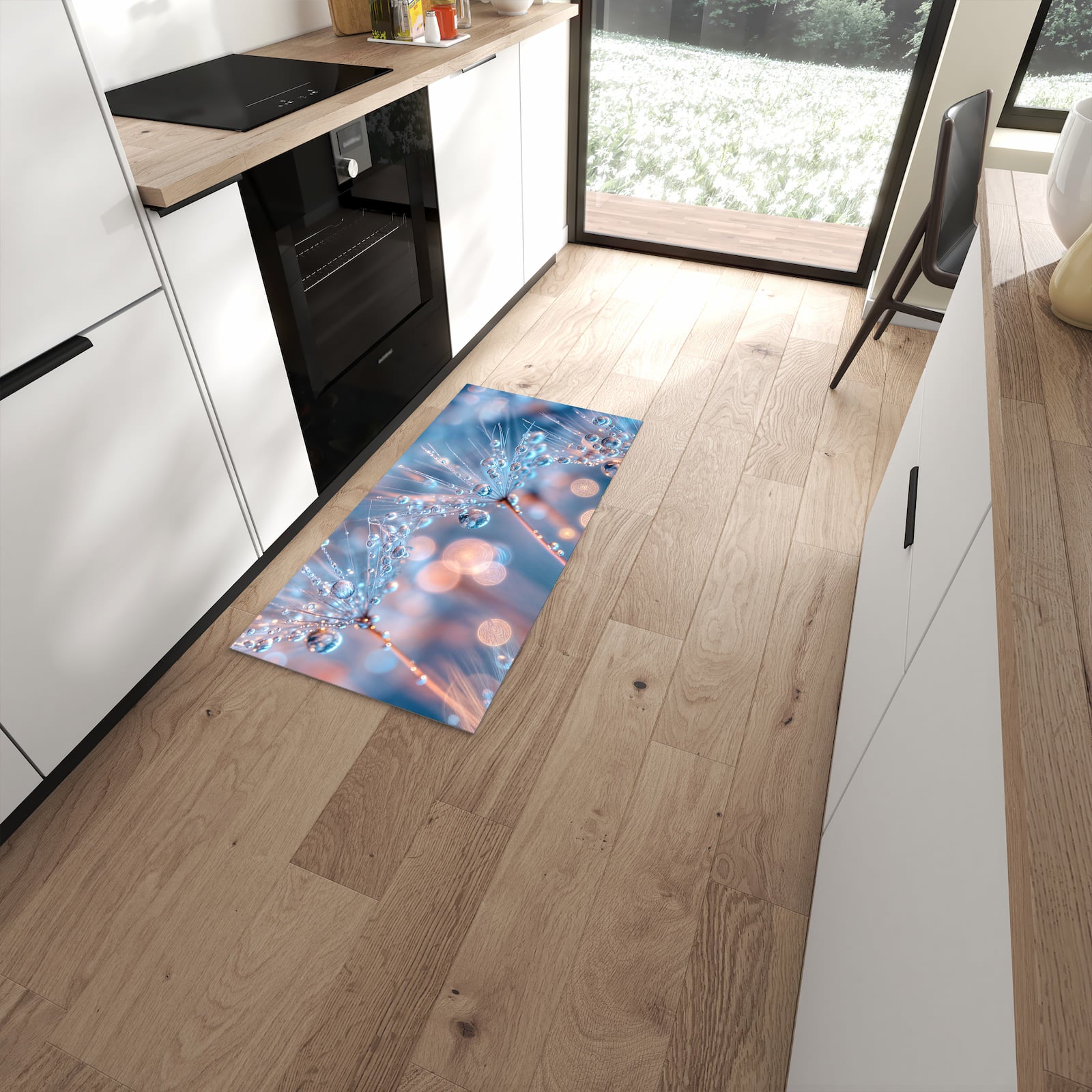 Hygienischer Küchenläufer mit Motiv Wassertropfen Kunst in moderner Küche #grösse_60 x 120 cm