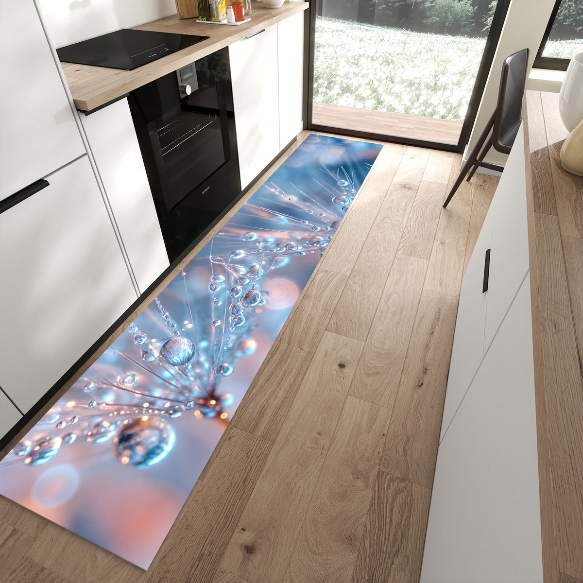 Feuchtigkeitsresistenter waschbarer Küchenläufer mit Motiv Wassertropfen Kunst in moderner Küche