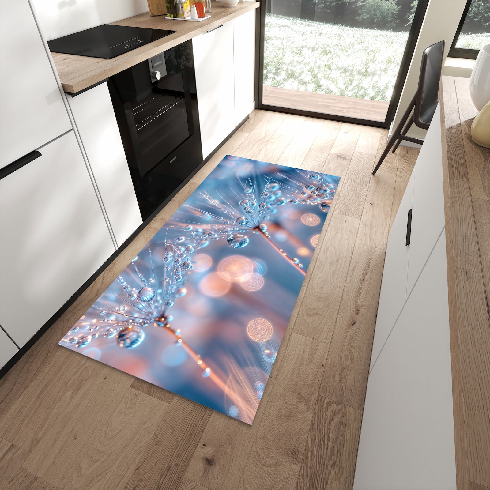 Abwaschbarer Küchenläufer mit Motiv Wassertropfen Kunst in moderner Küche