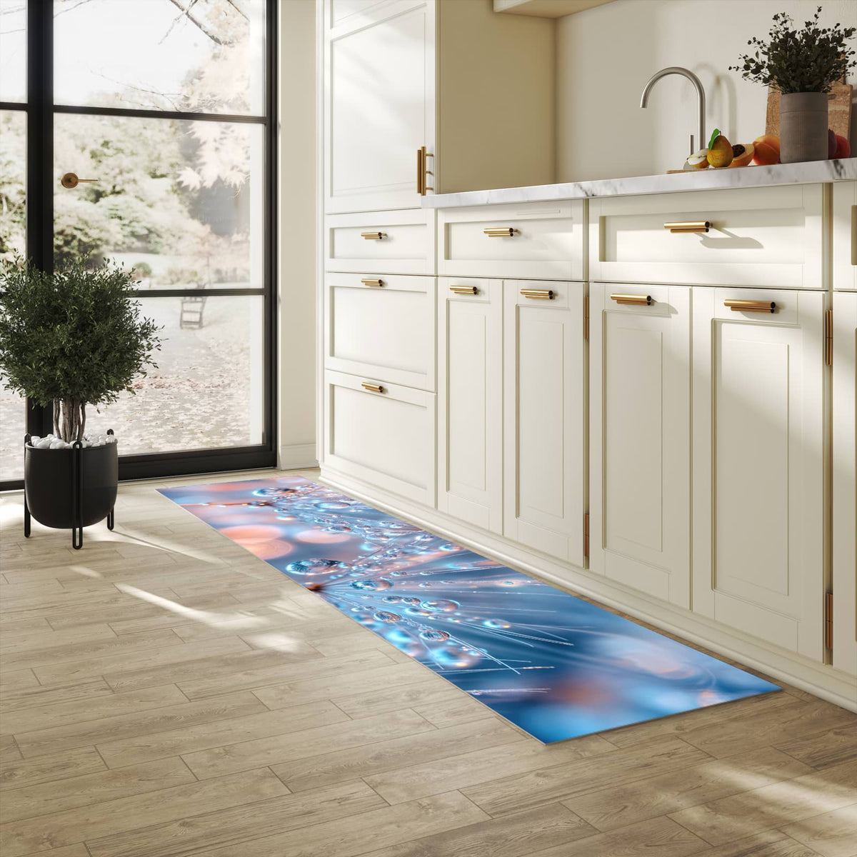 Wasserabweisender Küchenläufer mit Motiv Wassertropfen Kunst in heller Küche