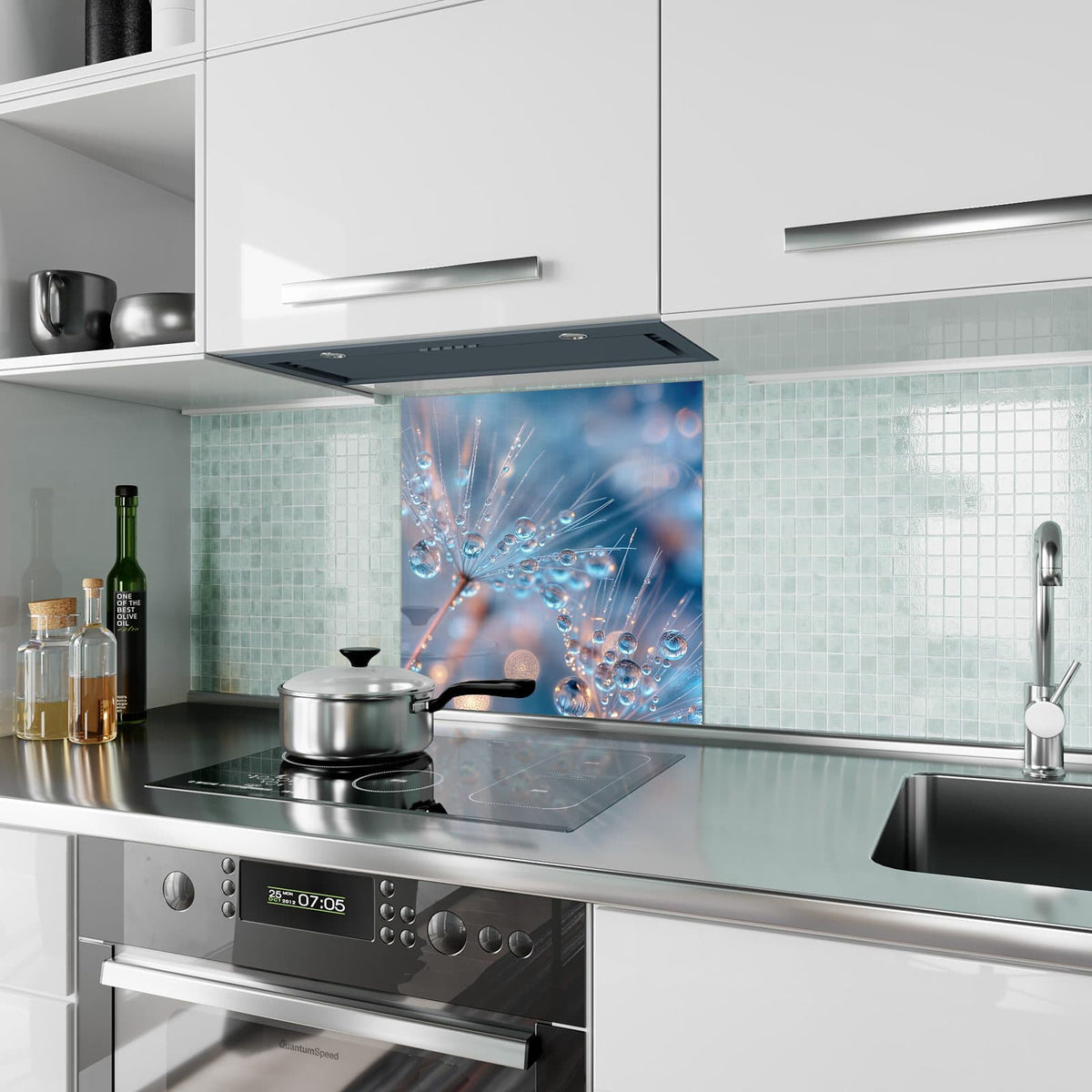 Küchenrückwand Tautropfen in Blau aus Glas – Samenschirme voller klarer Tropfen