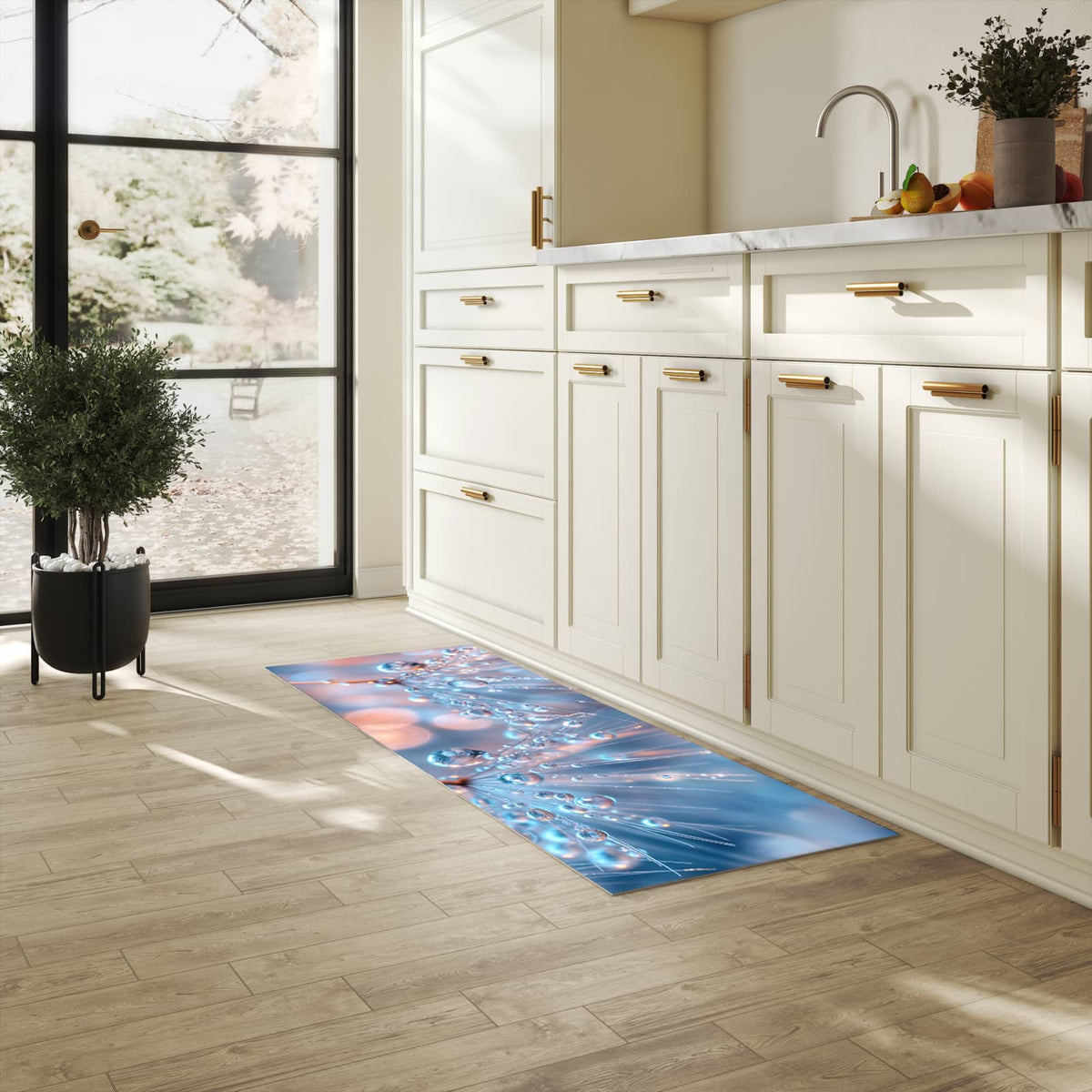UV-beständiger Küchenteppich mit Motiv Wassertropfen Kunst in heller Küche