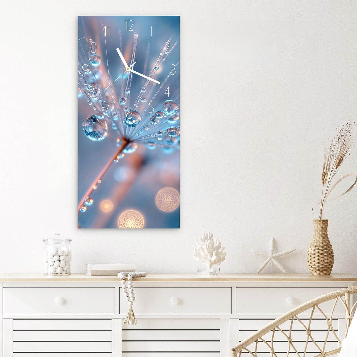 Wanduhr Wassertropfen Kunst aus Glas – Pusteblumenstängel mit Tautropfen