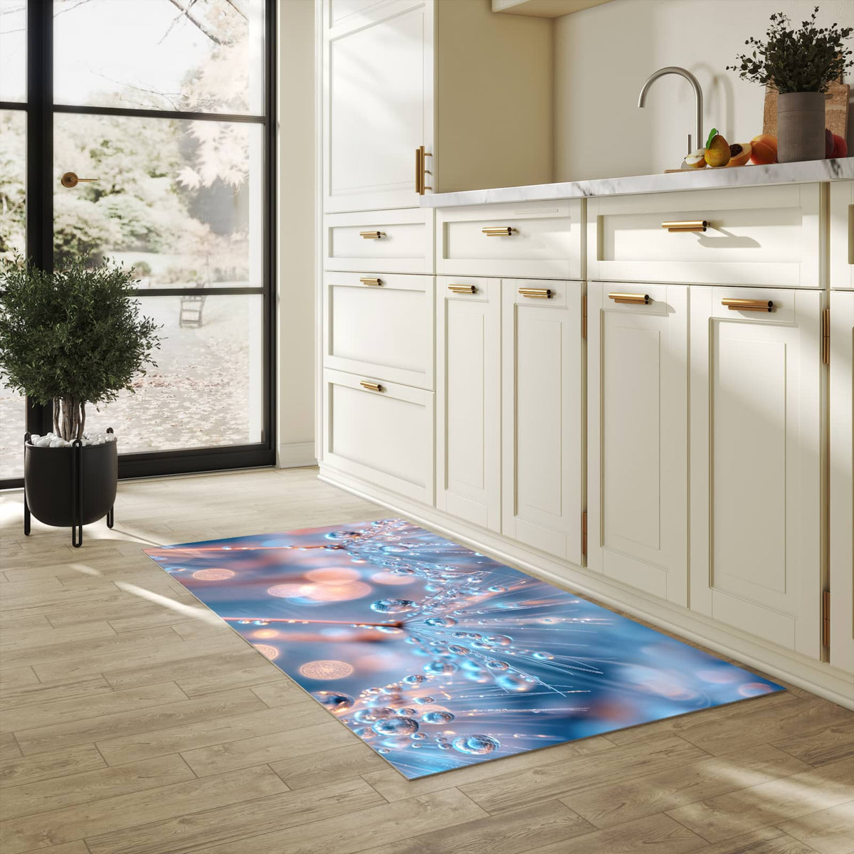 Komfortabler rutschfester Küchenläufer mit Motiv Wassertropfen Kunst in heller Küche