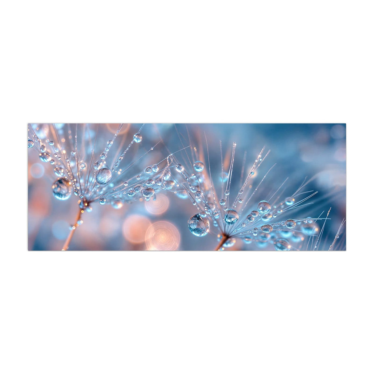 Küchenrückwand aus Glas Tautropfen in Blau im Hochformat, Motiv bildfüllend von vorn