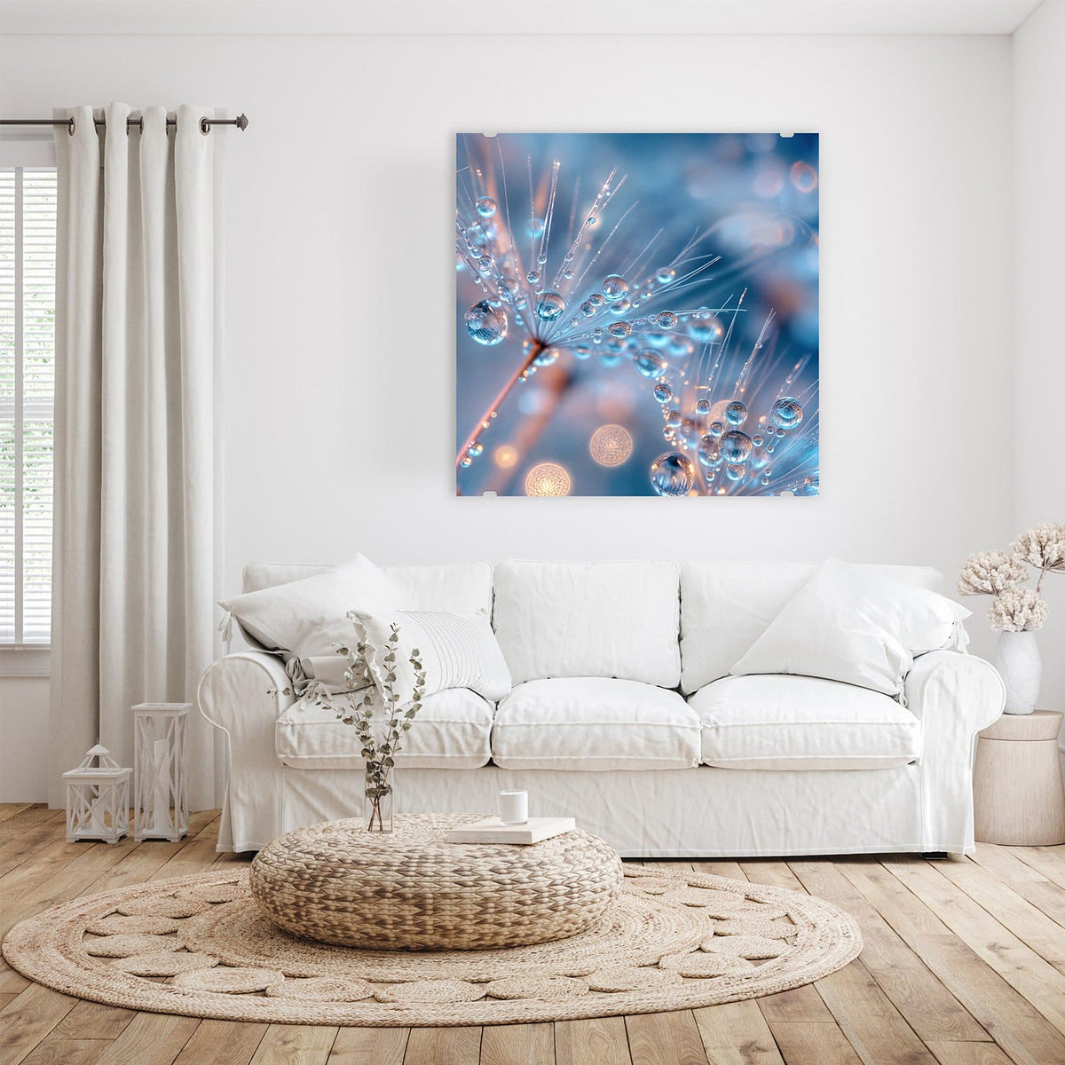 Glasbild Tautropfen in Blau an der Wand – Blau getöntes Makro: Samenschirme voller glasklarer Tropfen vor blauem Bokeh.