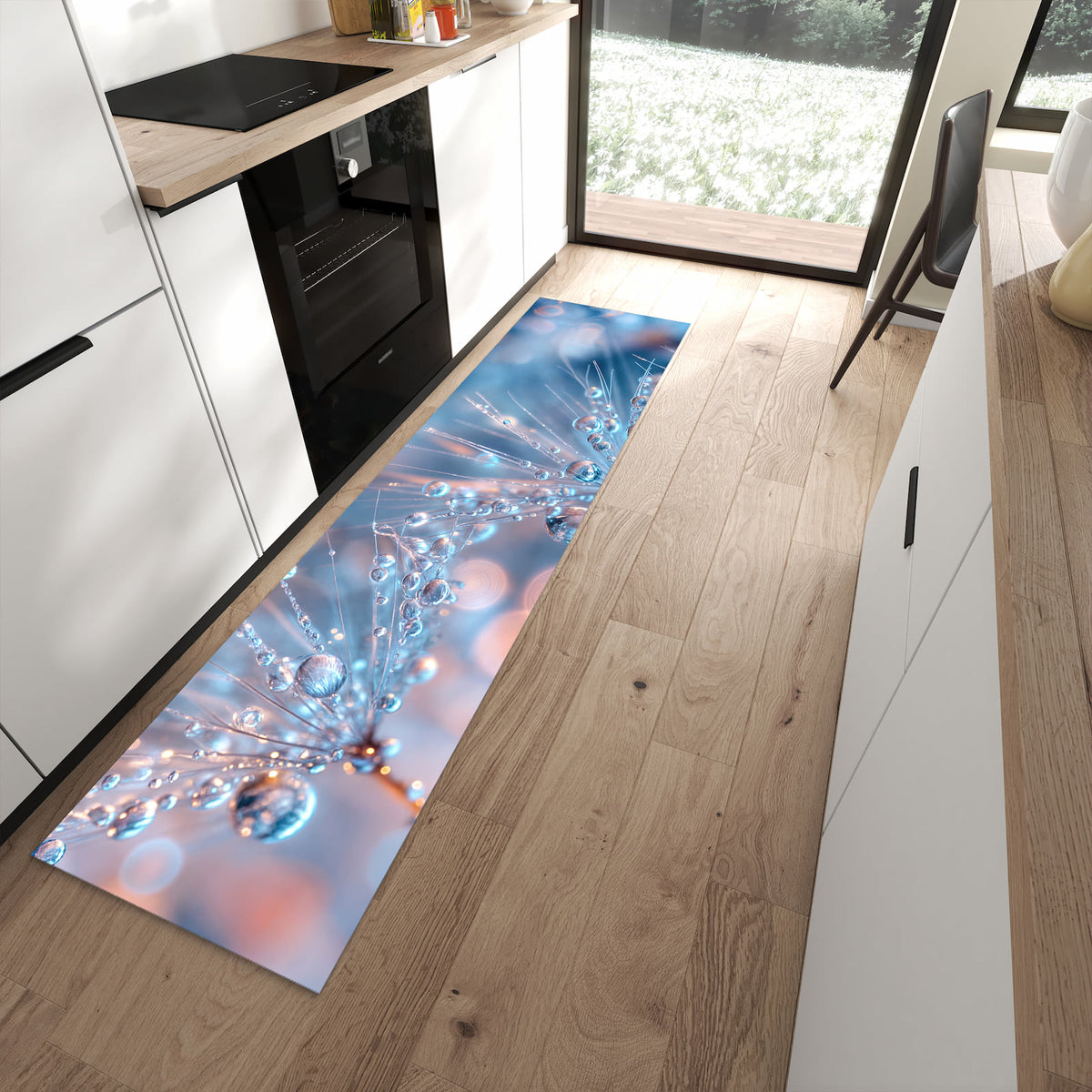 Langlebiger rutschfester Küchenläufer mit Motiv Wassertropfen Kunst in moderner Küche