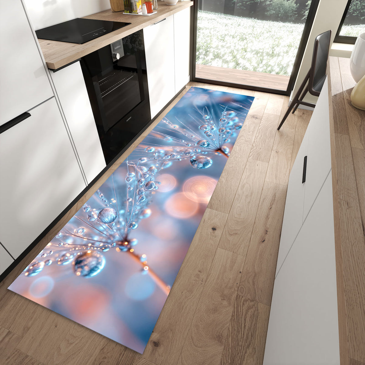 Farbbeständiger Küchenläufer mit Motiv Wassertropfen Kunst in moderner Küche zum Waschen