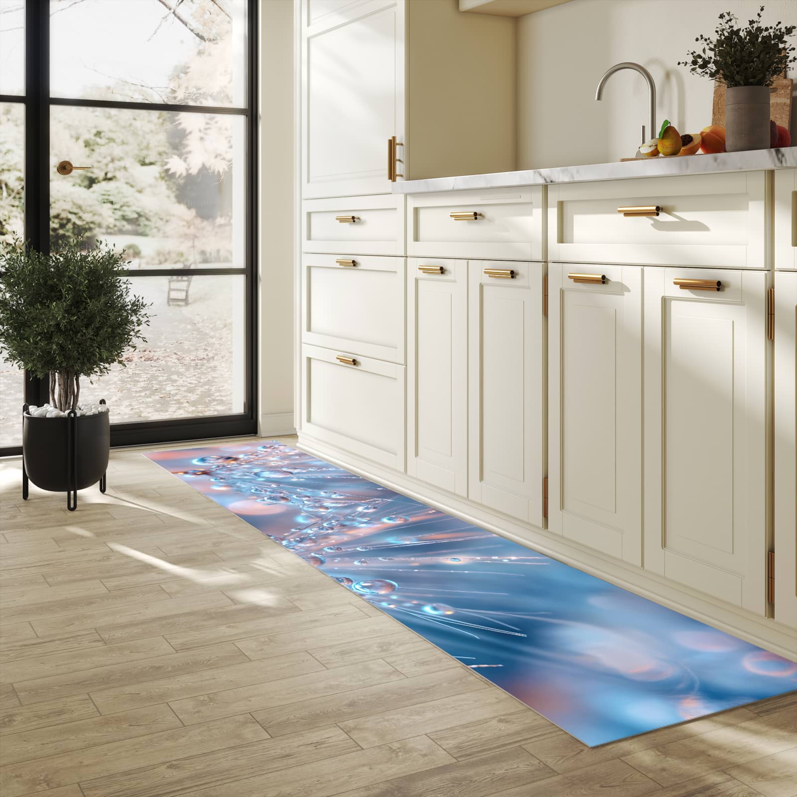 Fleckenresistenter Küchenläufer mit Motiv Wassertropfen Kunst in heller Küche