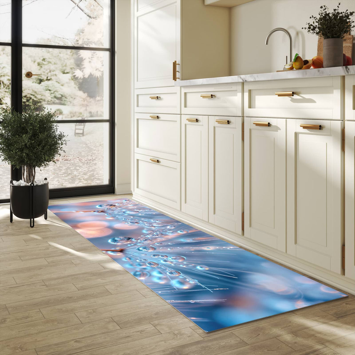 Flacher rutschfester Küchenläufer mit Motiv Wassertropfen Kunst in heller Küche