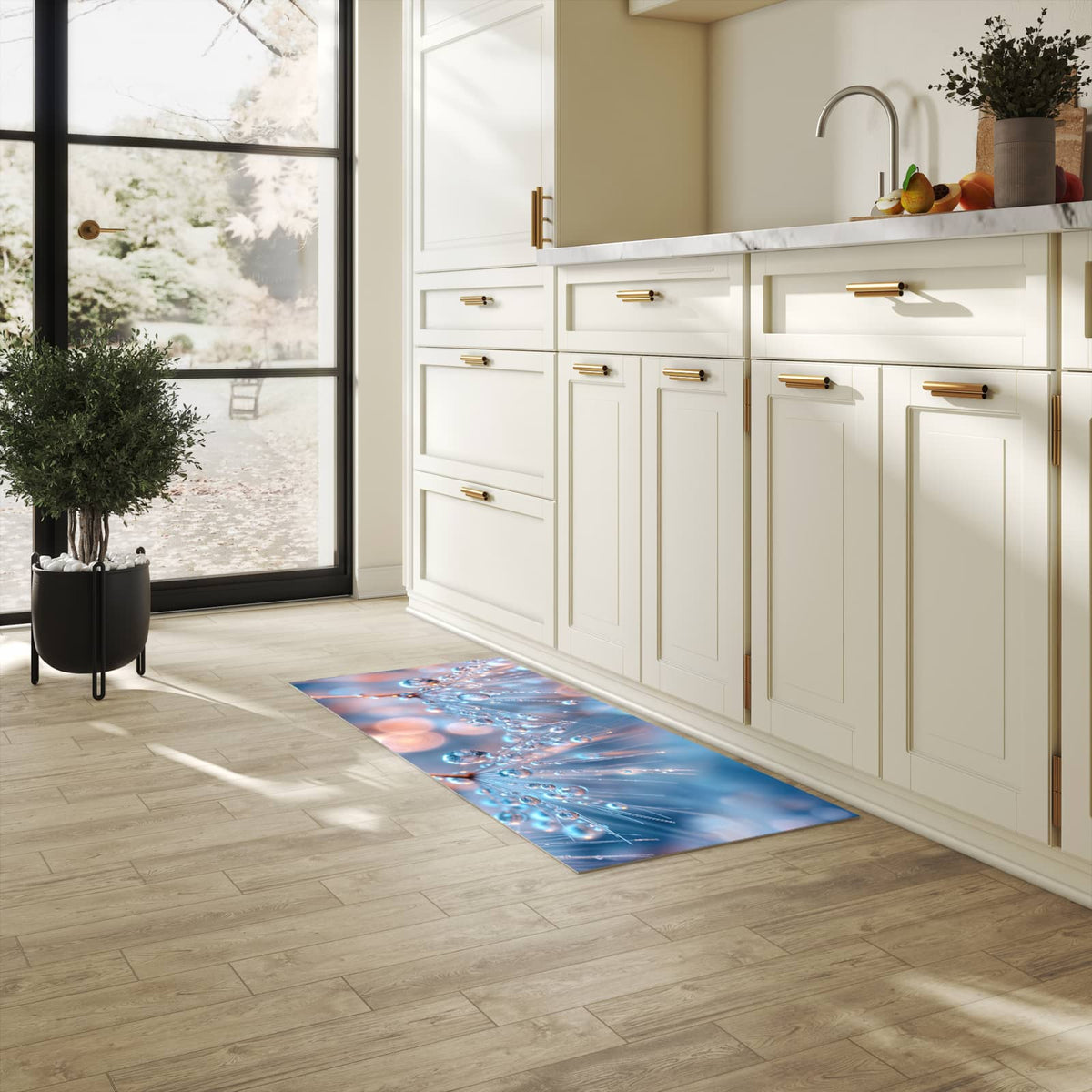 Abriebfester großer Küchenteppich mit Motiv Wassertropfen Kunst in heller Küche