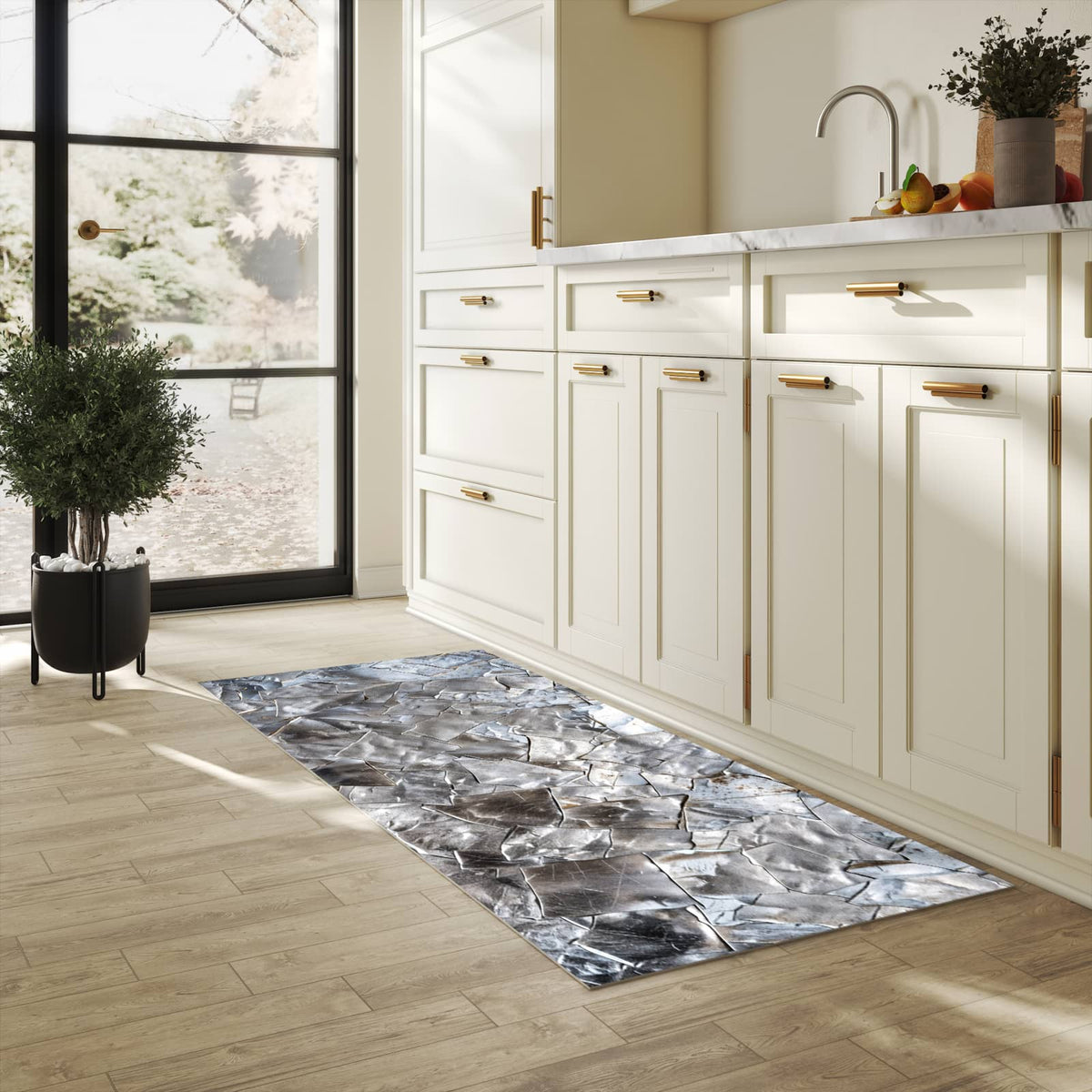 Flacher waschbarer Läufer für die Küche mit Motiv Metallisches Mosaik in heller Küche
