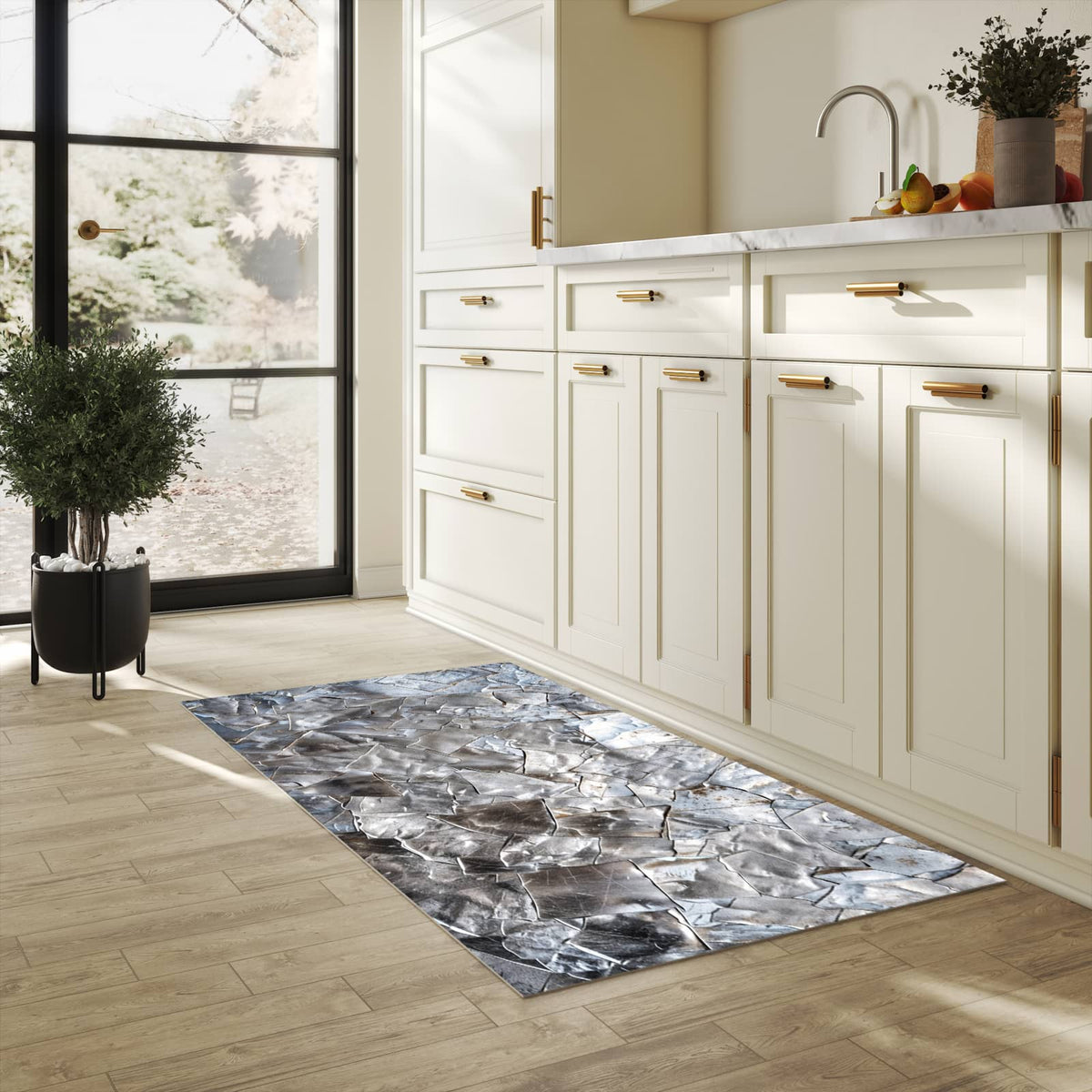 Pflegeleichter Läufer mit Motiv Metallisches Mosaik in heller Küche für einfache Reinigung