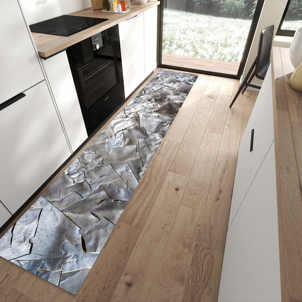 Küchenläufer mit Motiv Metallisches Mosaik für Ordnung im Eingangsbereich moderner Küche