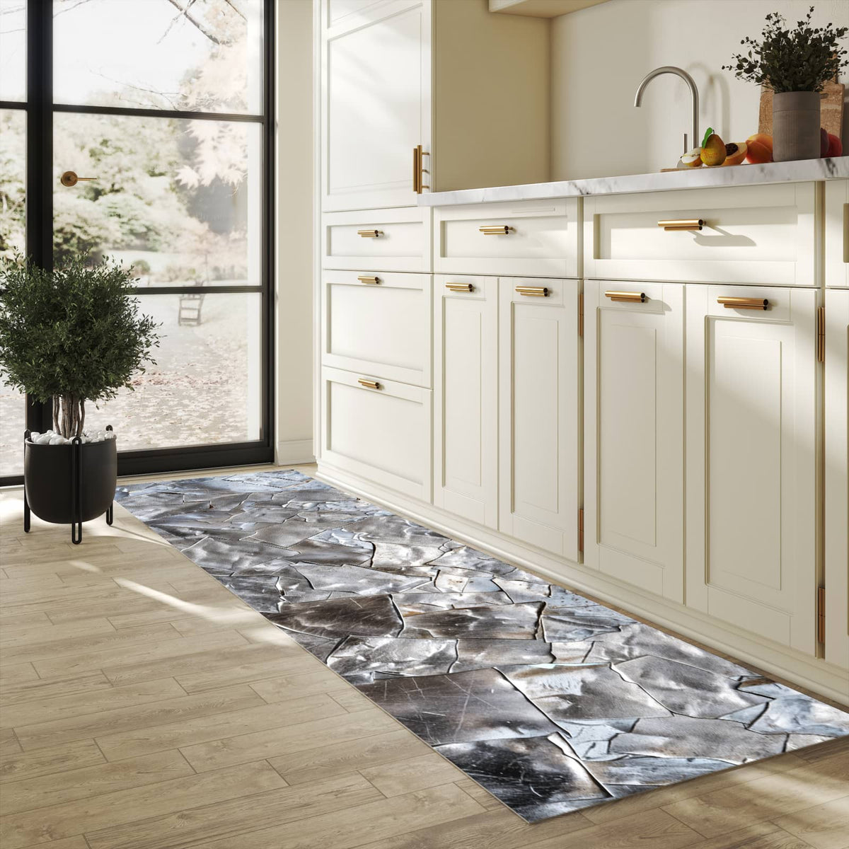 Rutschfester Läufer mit Motiv Metallisches Mosaik für Eingangsbereich in heller Küche