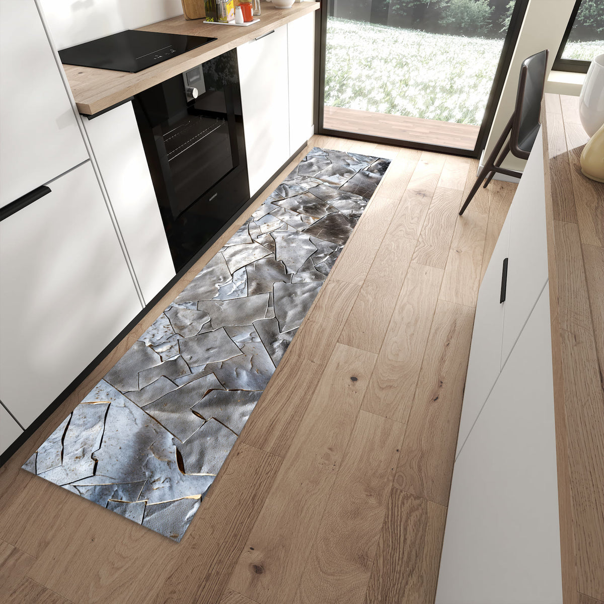 Bodenschonender langer Teppich mit Motiv Metallisches Mosaik in moderner Küche