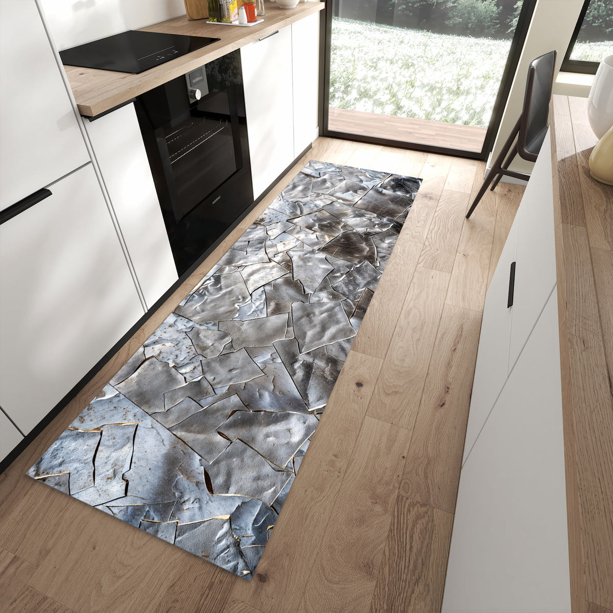 Formstabiler rutschfester Küchenteppich mit Motiv Metallisches Mosaik in moderner Küche