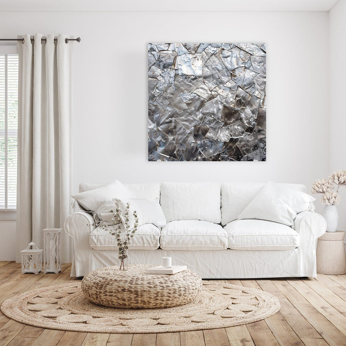 Glasbild Metallisches Mosaik an der Wand – Fläche aus unregelmäßig gebrochenen, silbrig glänzenden Metallscherben