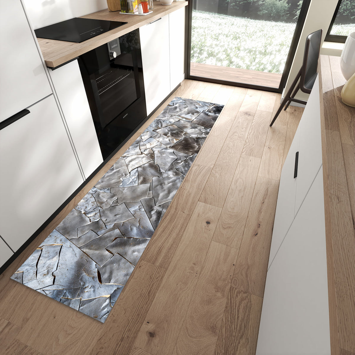 Feuchtigkeitsresistenter waschbarer Küchenläufer mit Motiv Metallisches Mosaik in moderner Küche