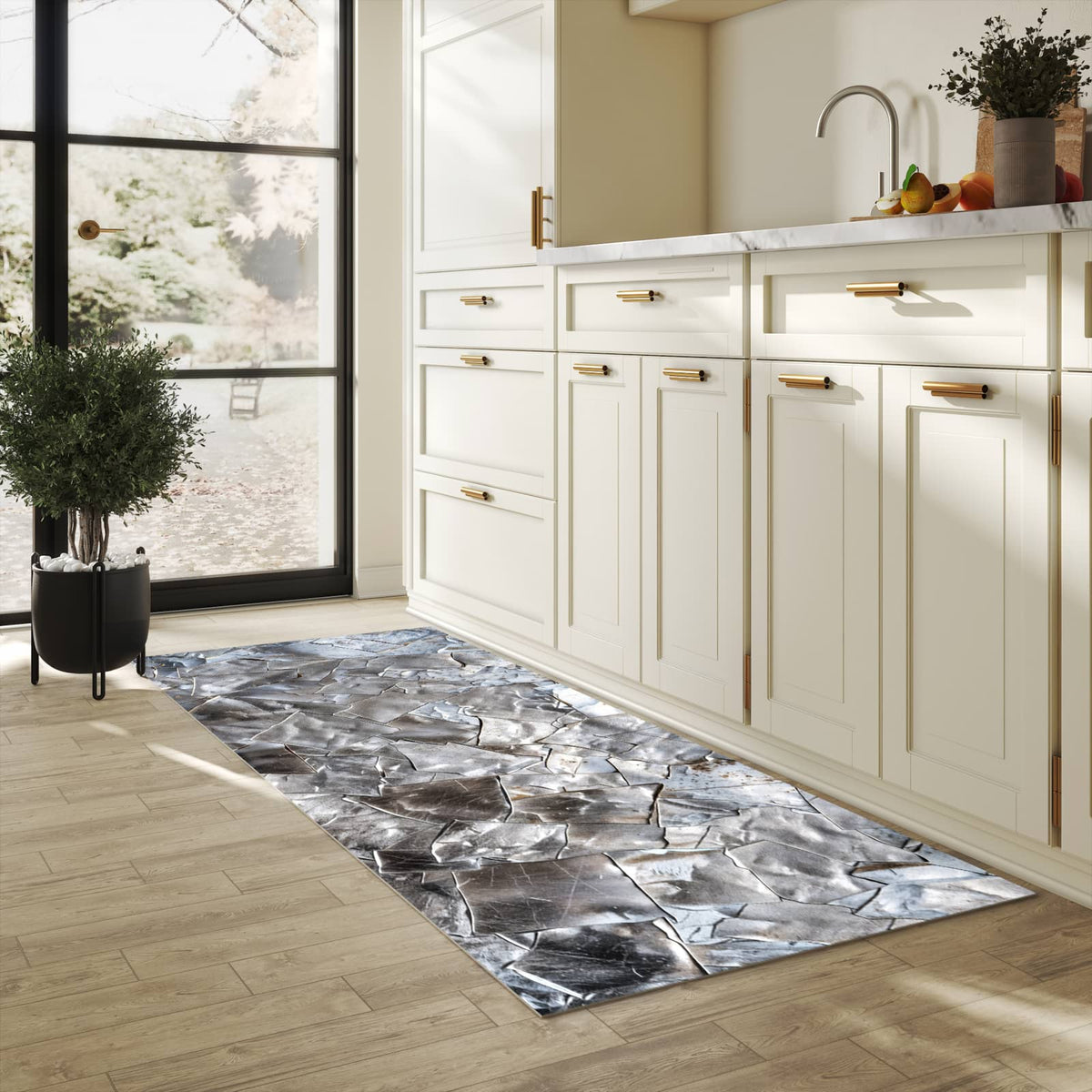 Dünner Küchenteppich mit Motiv Metallisches Mosaik in heller Küche für angenehme Haptik