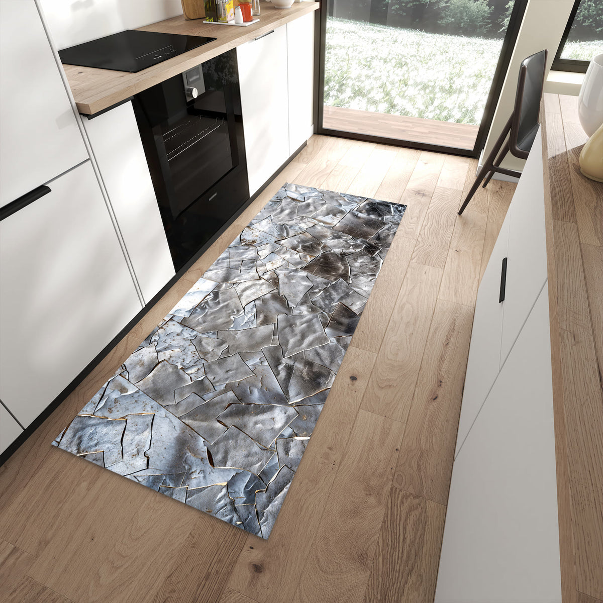 Farbbeständiger dünner Teppich mit Motiv Metallisches Mosaik in moderner Küche