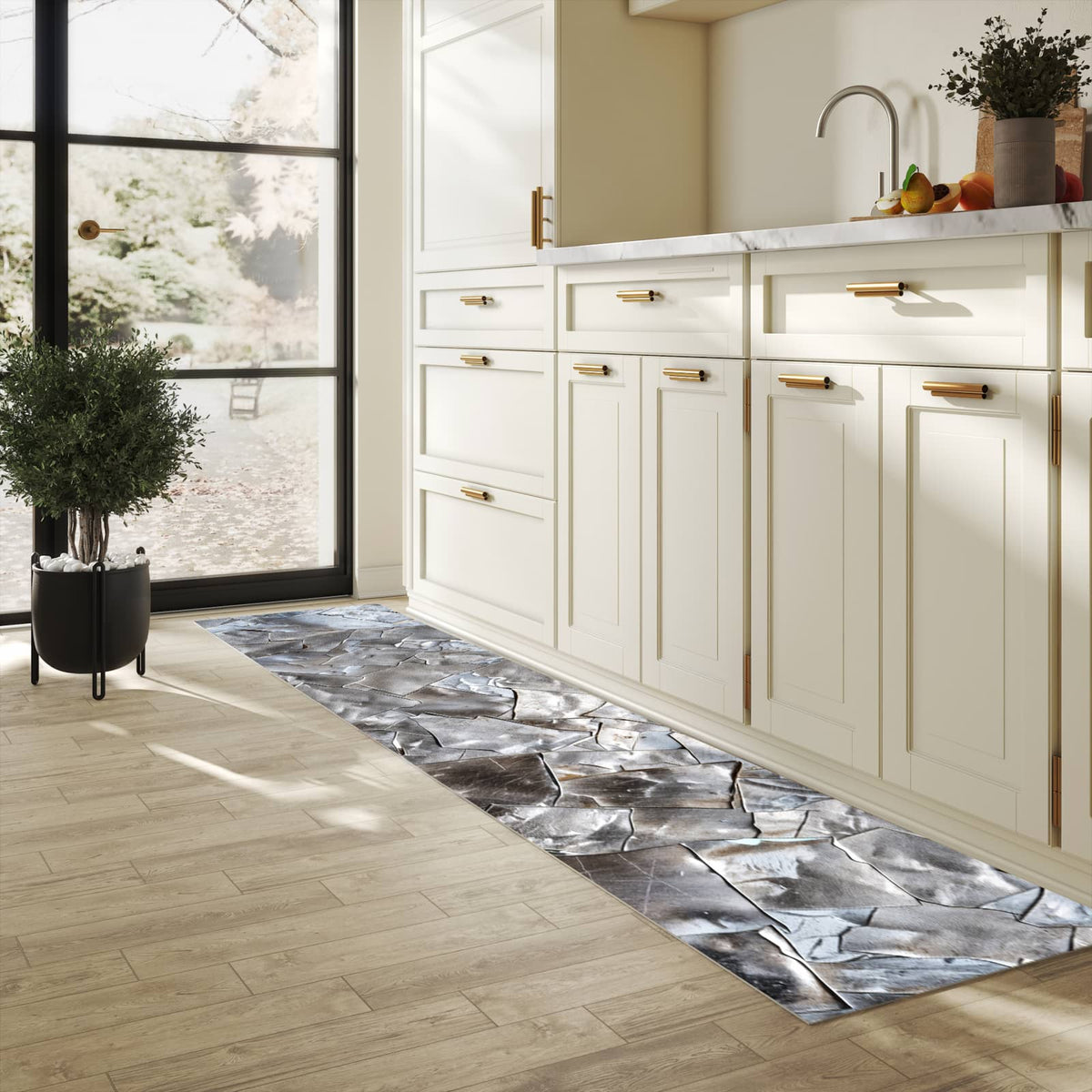 Geruchsneutraler Küchenläufer mit Motiv Metallisches Mosaik in heller Küche