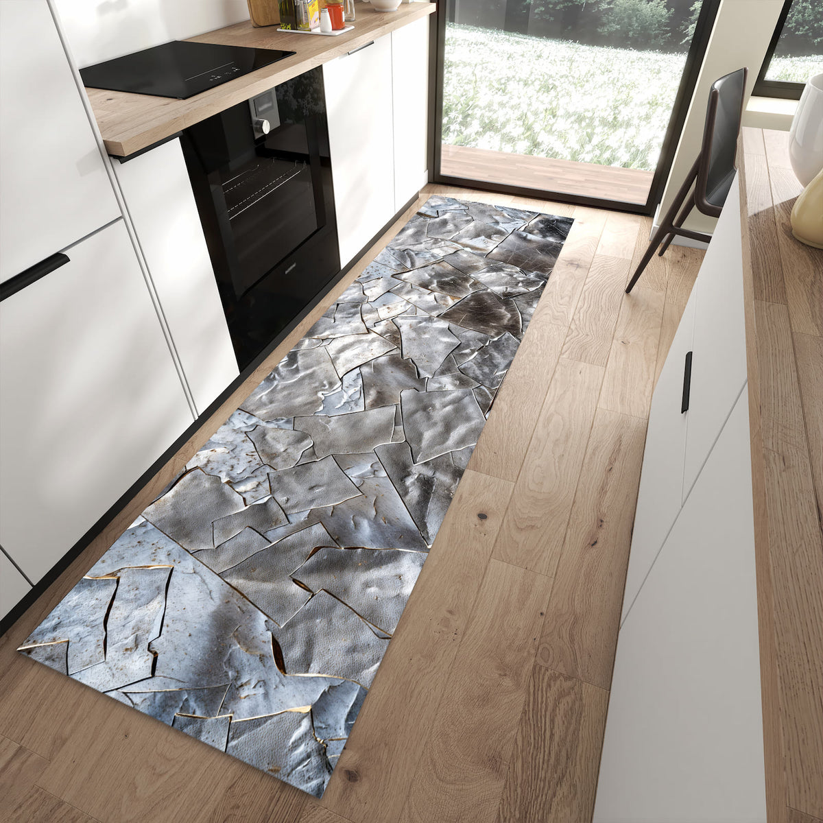 Waschbarer Küchenteppich mit Motiv Metallisches Mosaik in moderner Küche für sichere Aufbewahrung