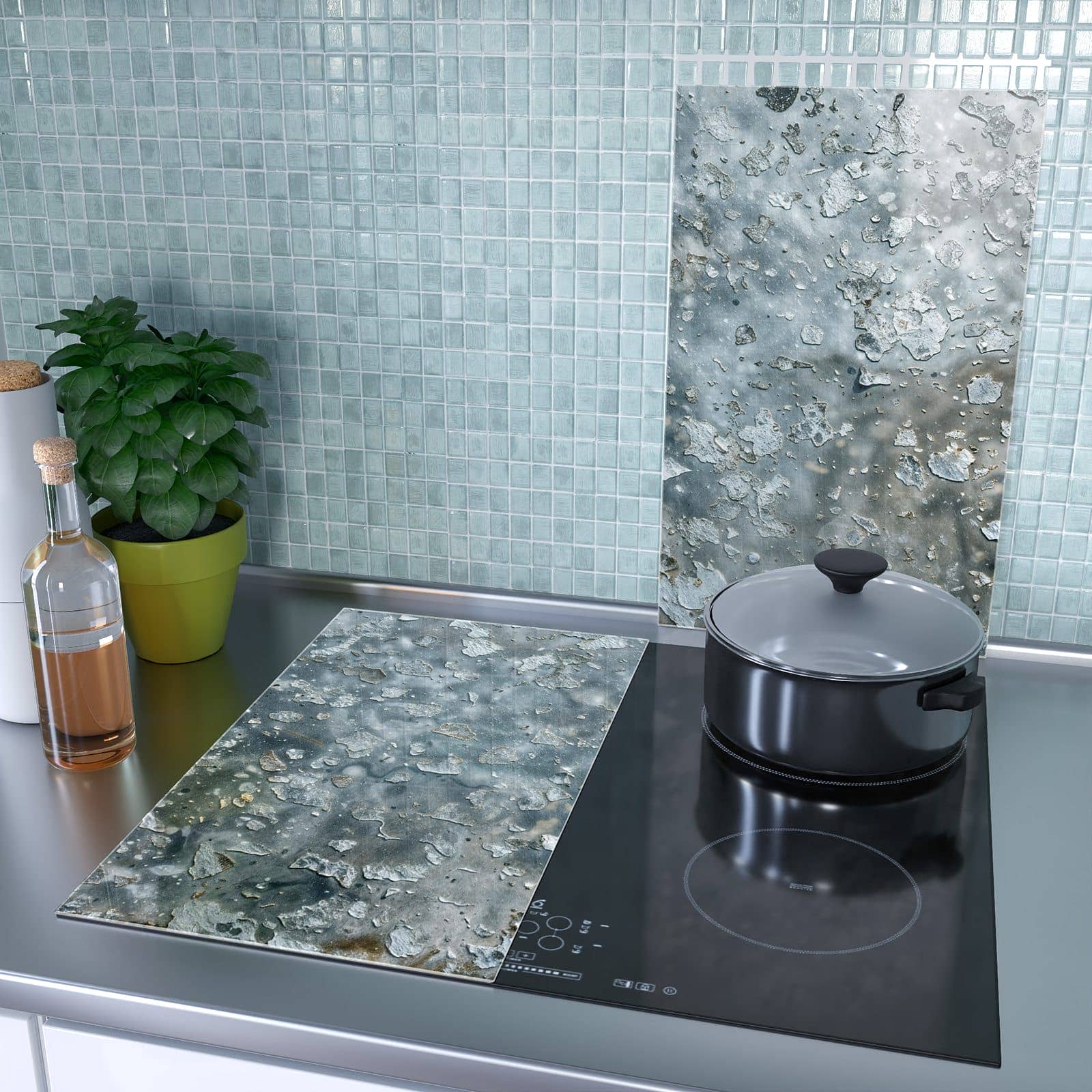 2-teilige Herdabdeckplatte mit Abblätternde Farbe Detail-Motiv als Spritzschutz hinter dem Kochfeld