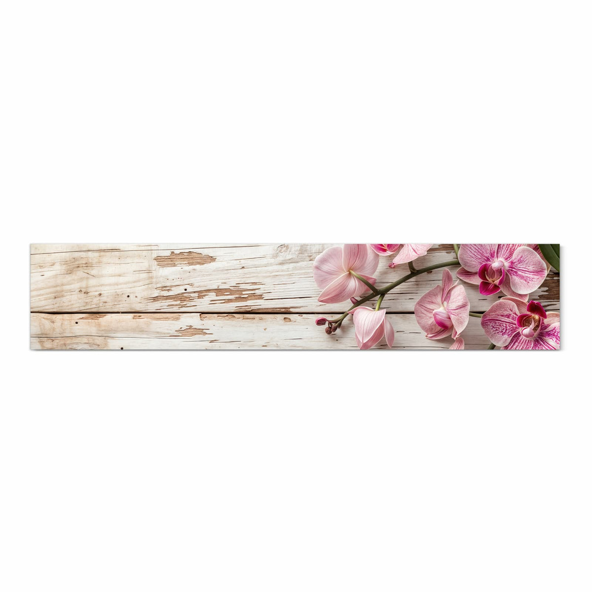 Geruchsneutraler waschbarer Küchenteppich mit Motiv Orchideen auf Holz in Frontansicht