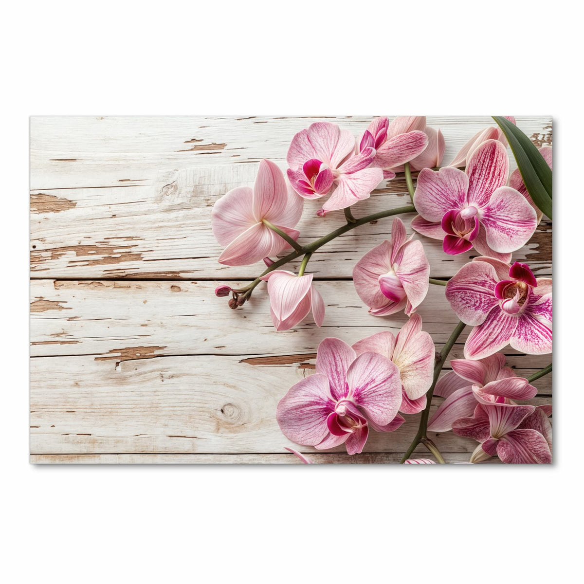 Langlebiger waschbarer Küchenteppich mit Motiv Orchideen auf Holz in Frontansicht
