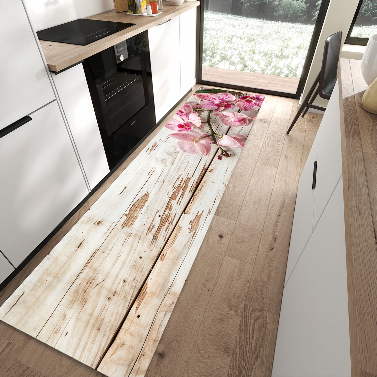 Abriebfester Küchenteppich mit Motiv Orchideen auf Holz in moderner Küche