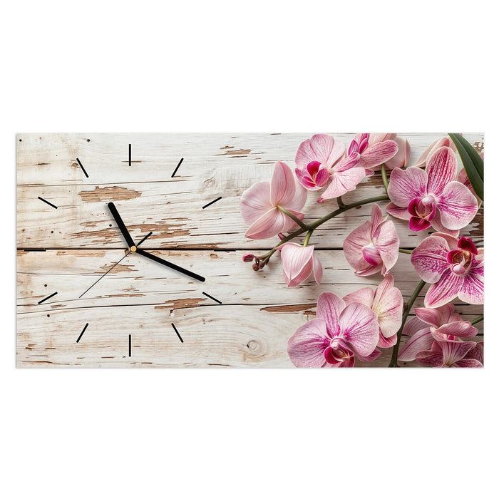 Wanduhr Orchideen auf Holz aus Glas – Querformat 60 × 30 cm mit Ziffernblatt Linie