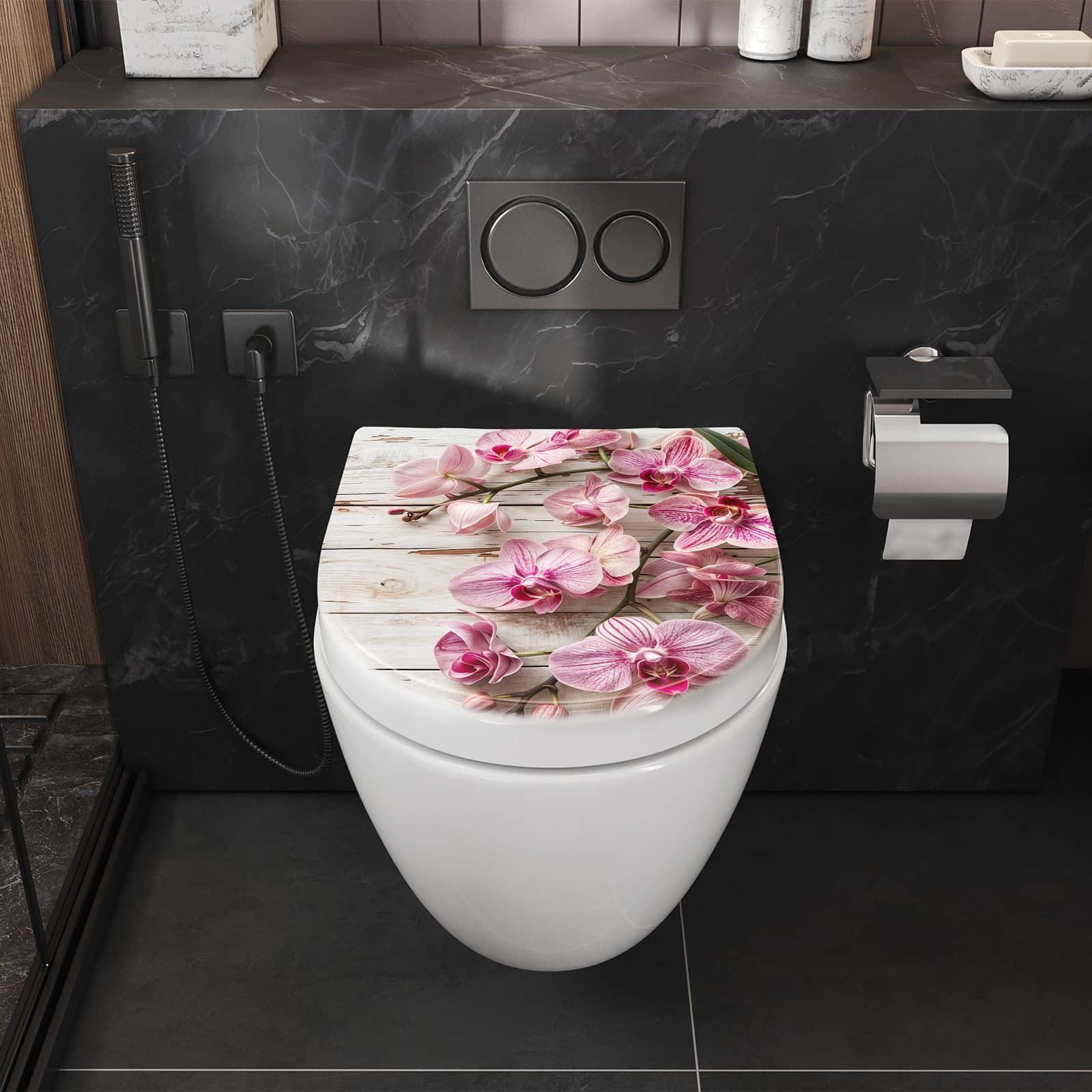 WC-Sitz mit Absenkautomatik Orchideen auf Holz
