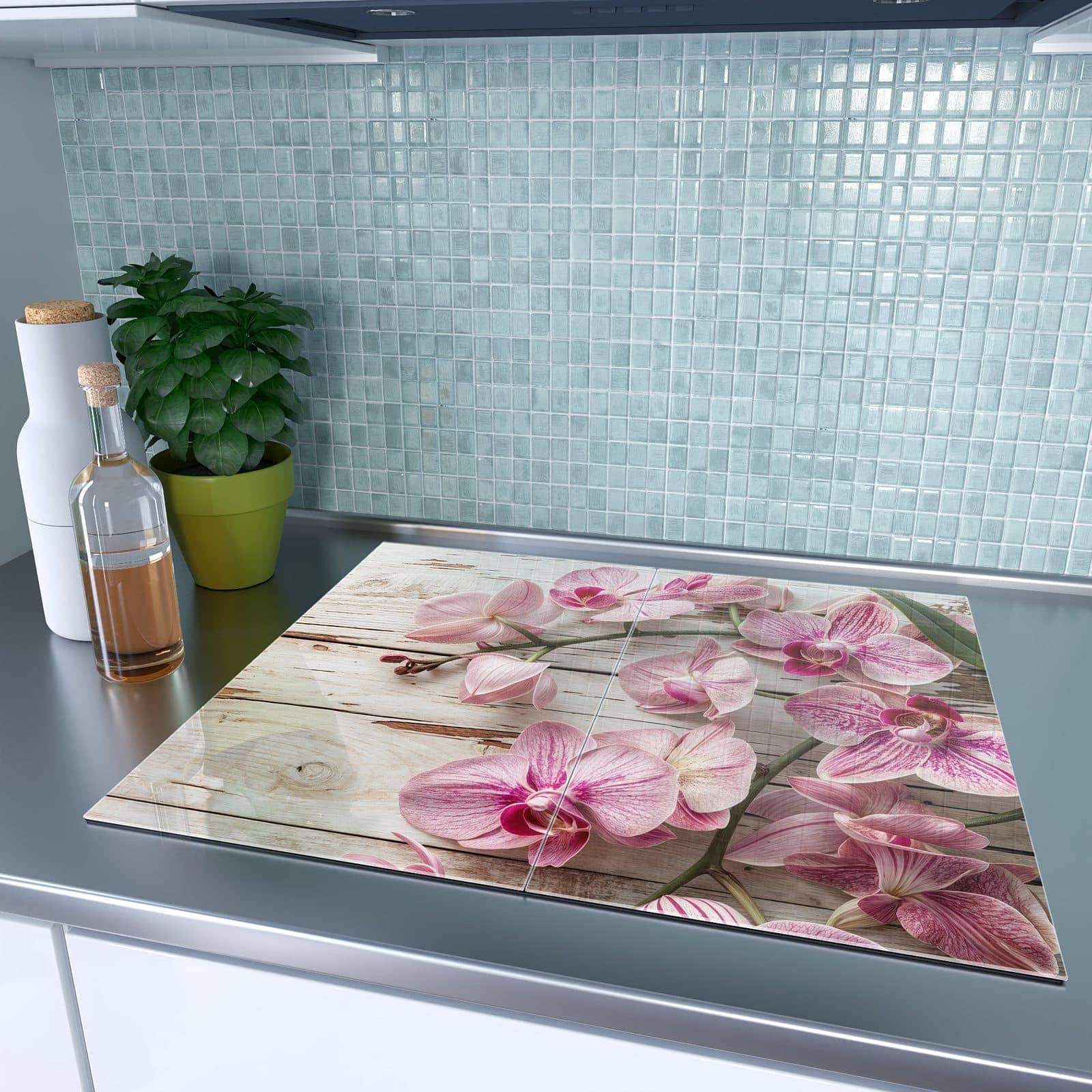 2-teilige Ceranfeld Abdeckplatten mit Orchideen auf Holz-Motiv auf dem Ceranfeld