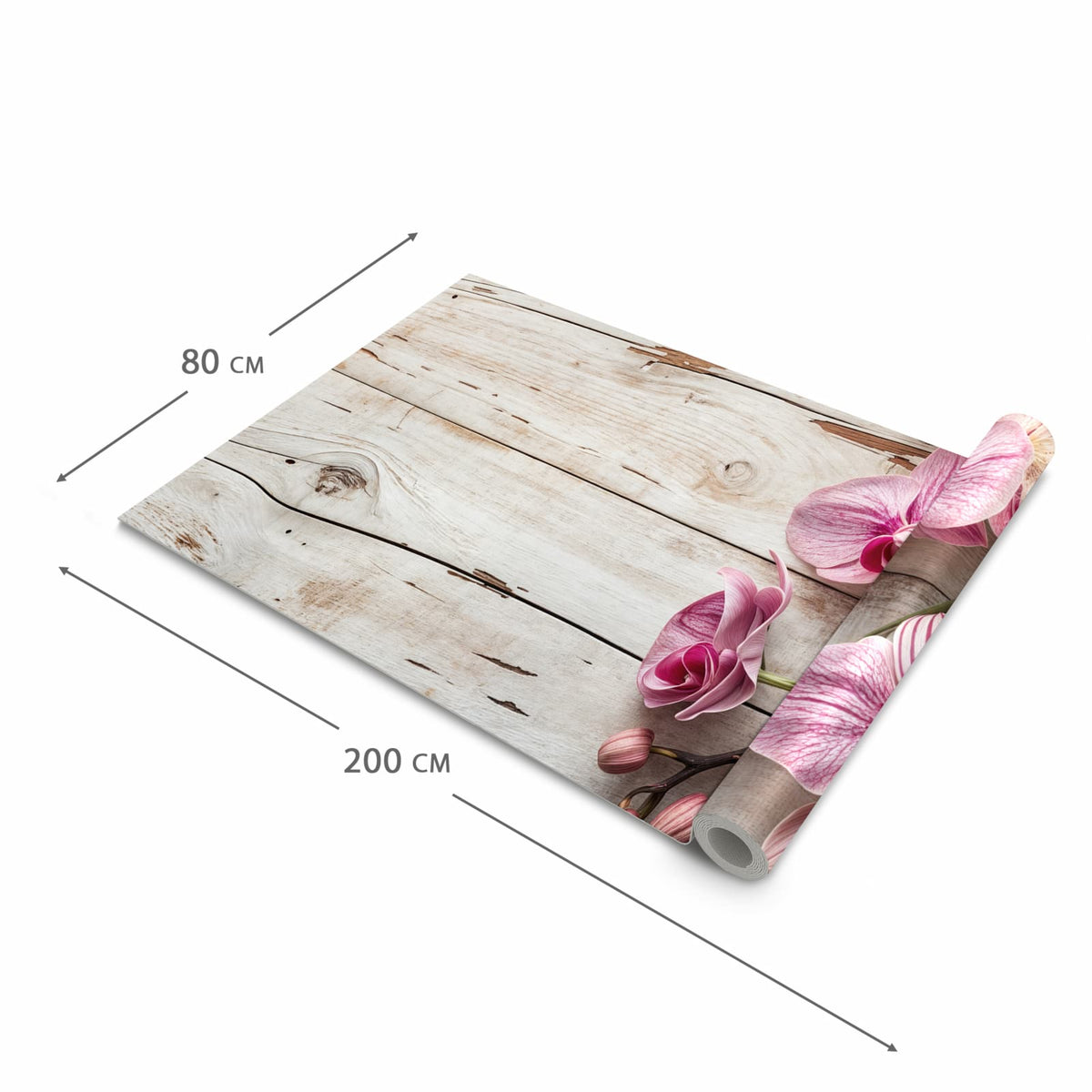 Geruchsneutraler Küchenteppich mit Motiv Orchideen auf Holz in der Grösse 60x180 cm