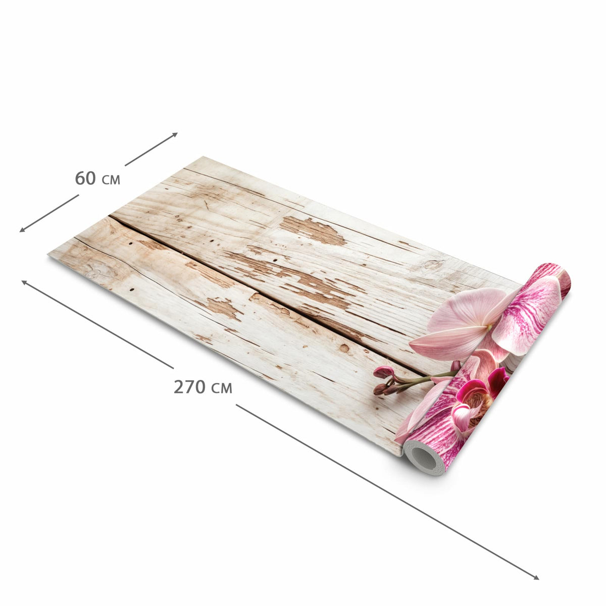 Wasserabweisender Läufer für die Küche mit Motiv Orchideen auf Holz in der Grösse 60x180 cm