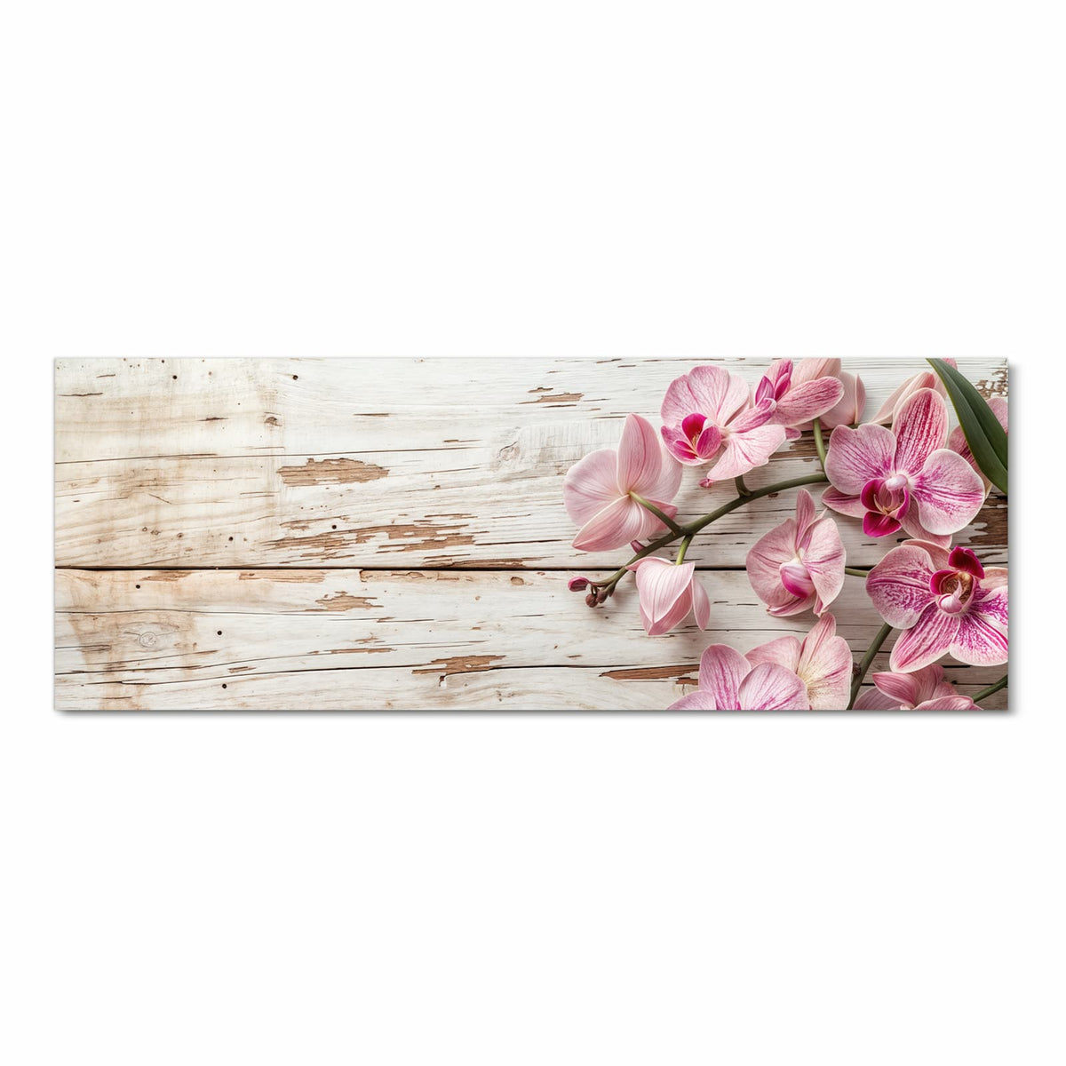 Rutschfester Küchenläufer mit Motiv Orchideen auf Holz in Frontansicht für sicheren Stand
