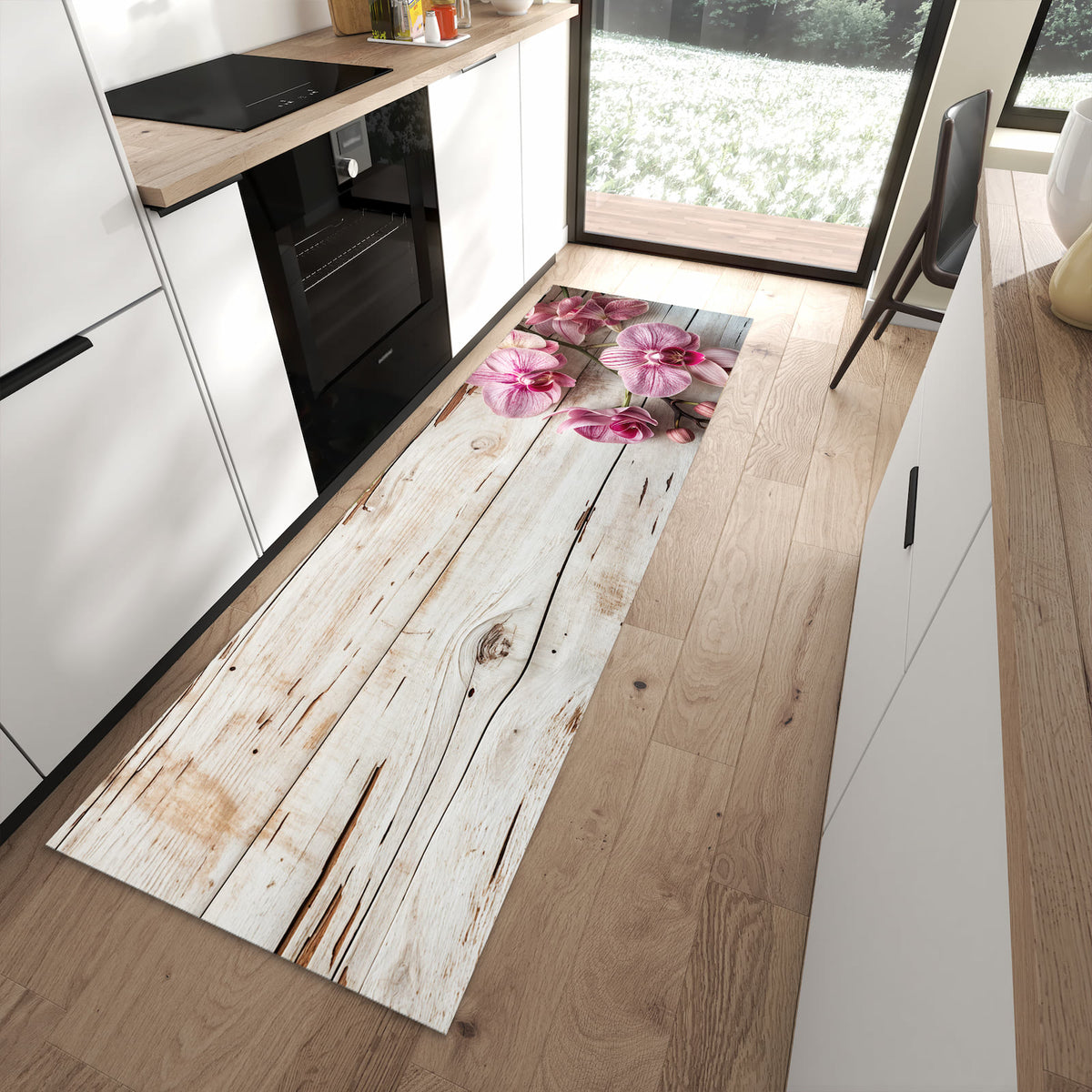 Zeitsparender moderner Küchenläufer mit Motiv Orchideen auf Holz in moderner Küche