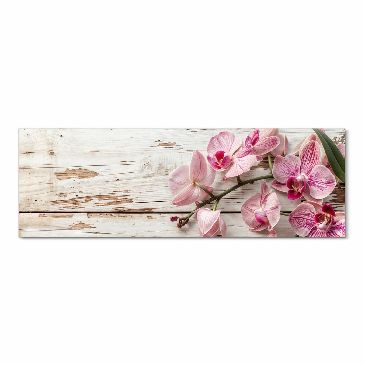 Wasserabweisender Küchenteppich mit Motiv Orchideen auf Holz in Frontansicht