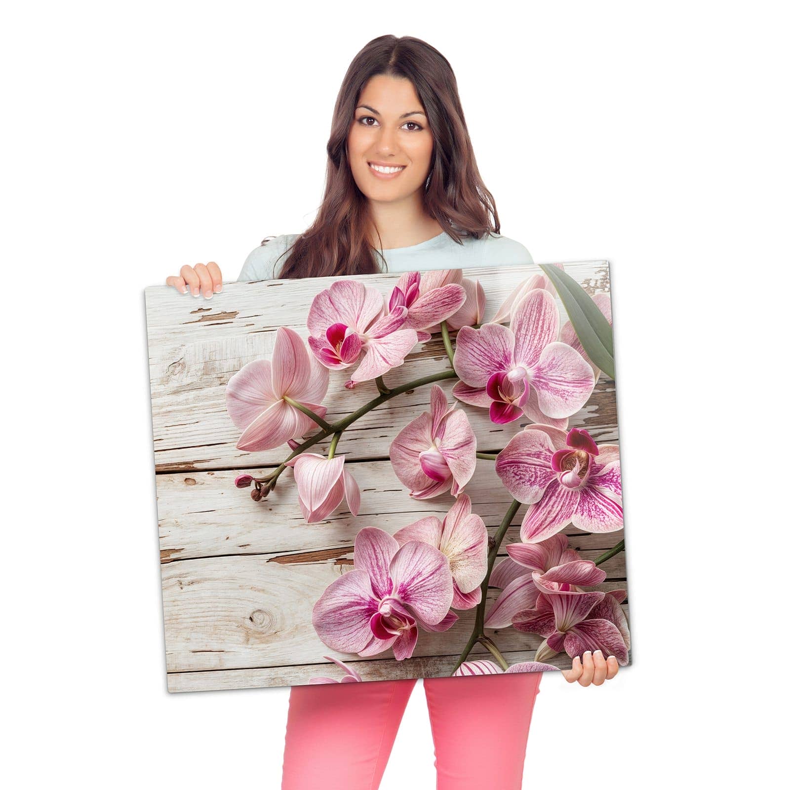 Ceranfeld Abdeckung mit Orchideen auf Holz-Motiv wird zur Größendarstellung gehalten