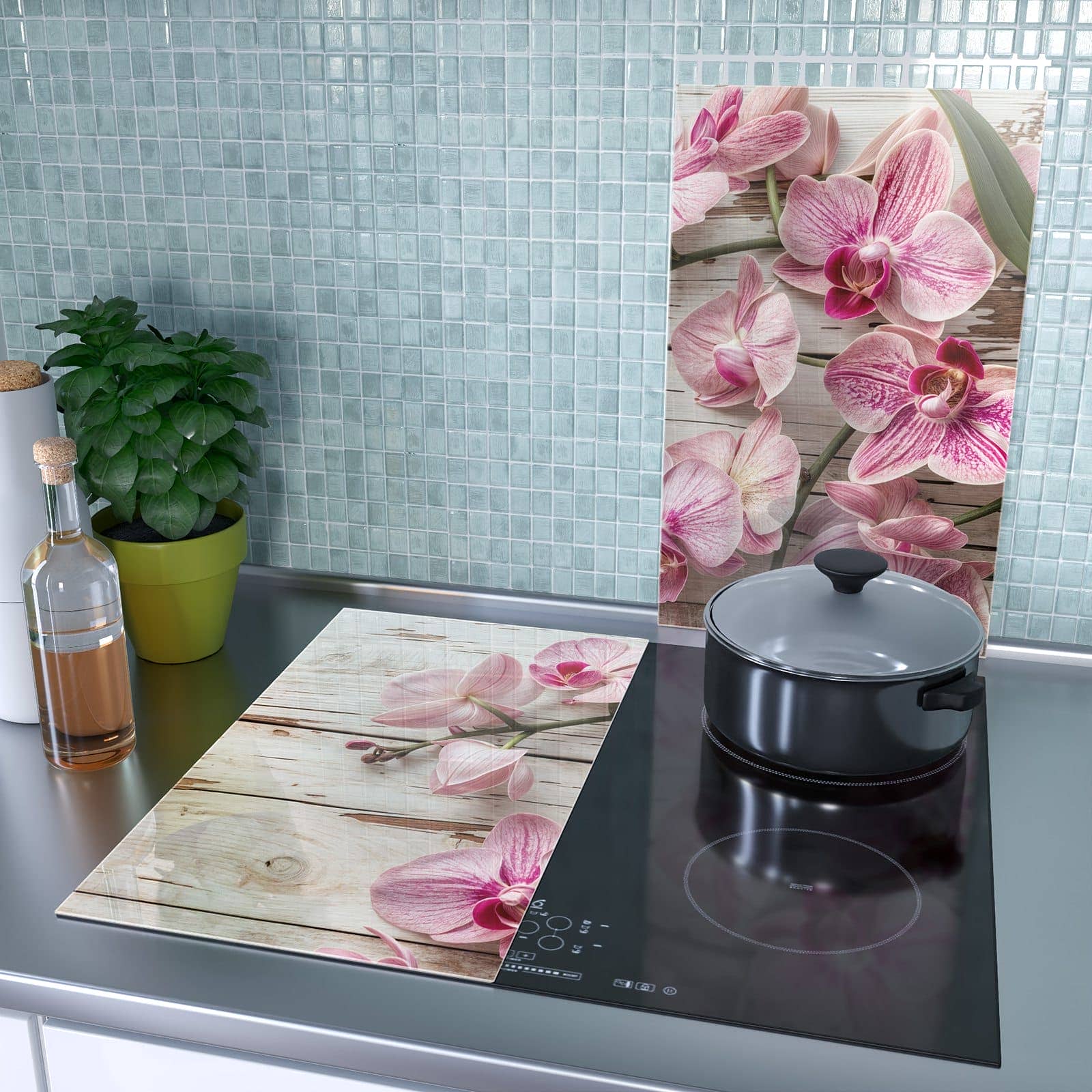2-teilige Abdeckplatten für den Herd mit Orchideen auf Holz-Motiv als Spritzschutz hinter dem Kochfeld