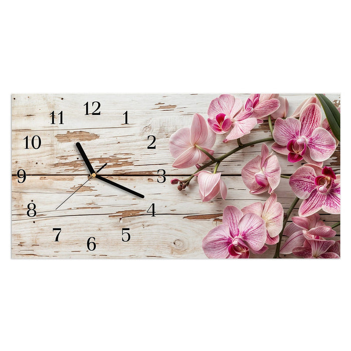 Wanduhr Orchideen auf Holz aus Glas – Querformat 60 × 30 cm mit Ziffernblatt Klassisch