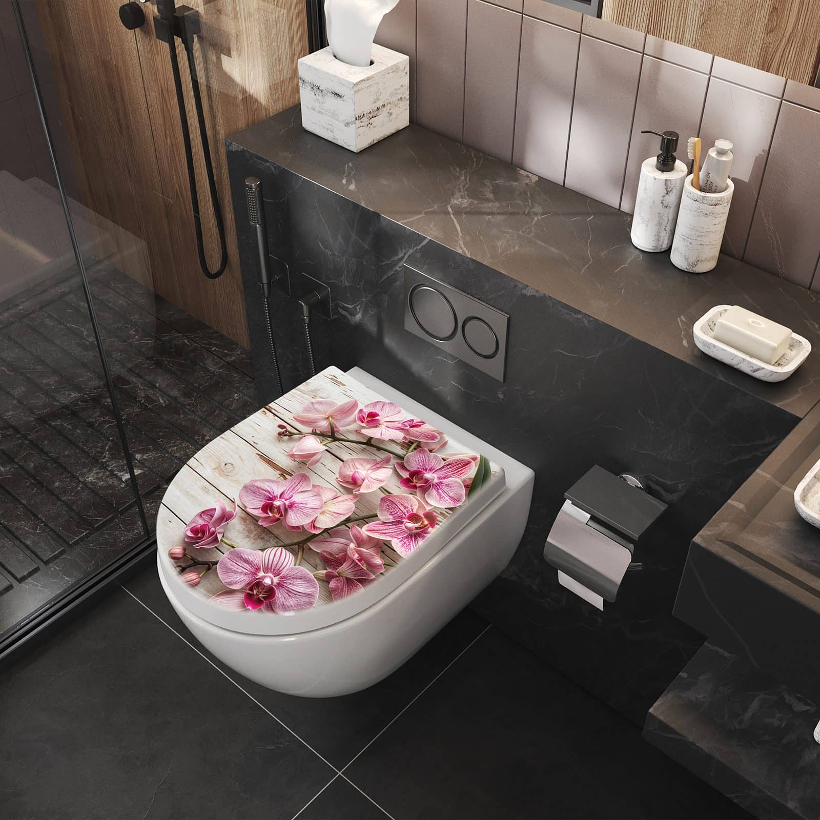 WC-Sitz mit Absenkautomatik Orchideen auf Holz