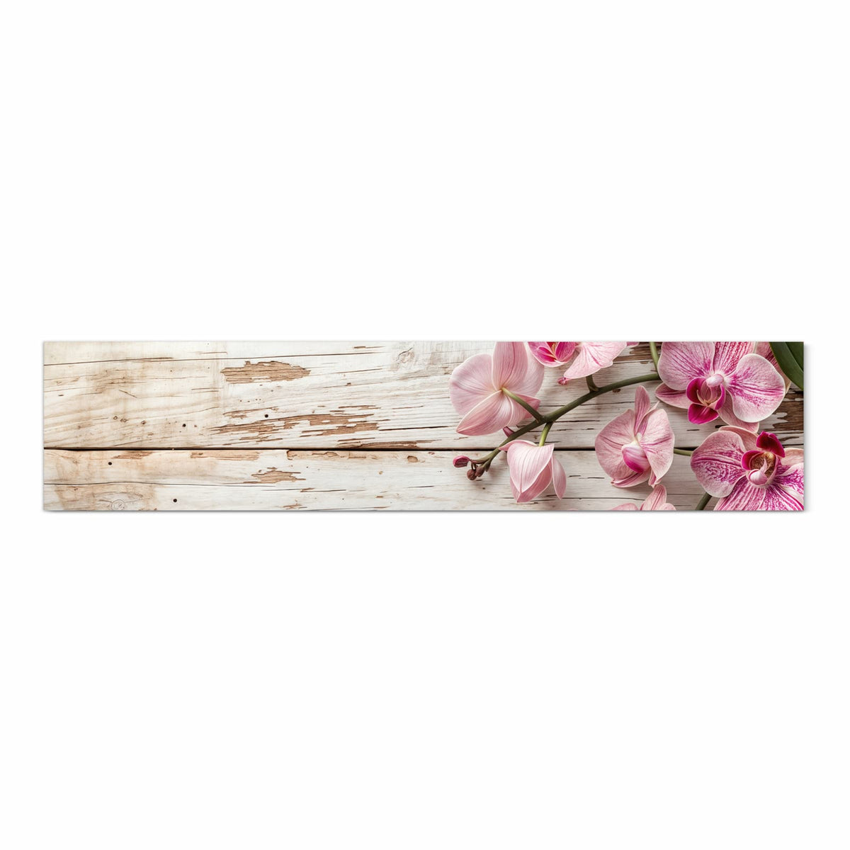 Schmutzabweisender Küchenteppich mit Motiv Orchideen auf Holz in Frontansicht