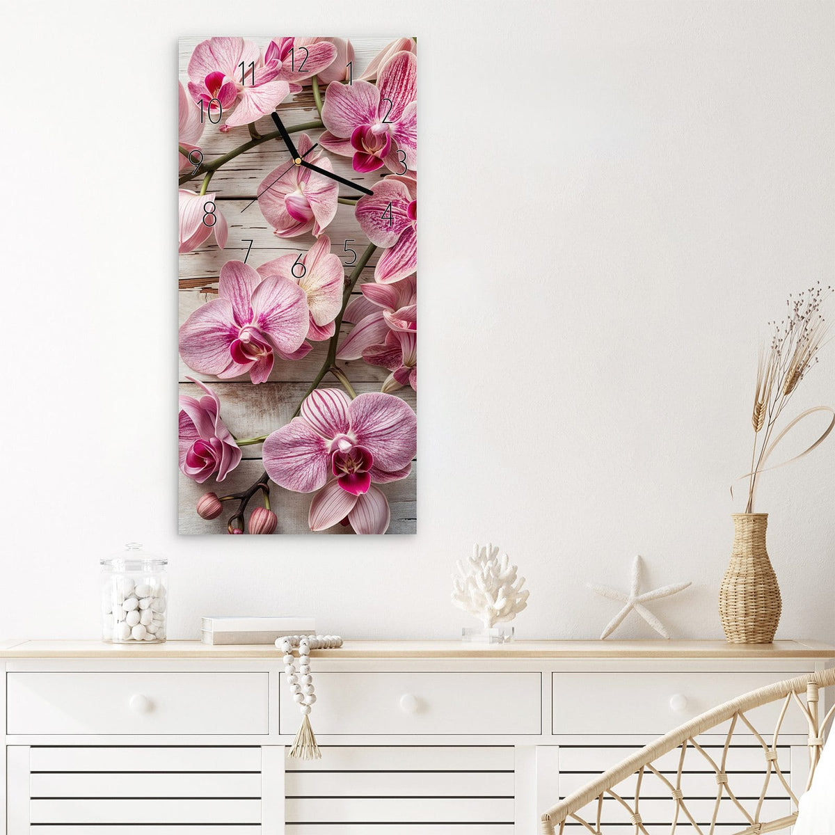 Wanduhr Orchideen auf Holz aus Glas – Hochformat 30 × 60 cm – Rosa Orchideen auf weißem Holz