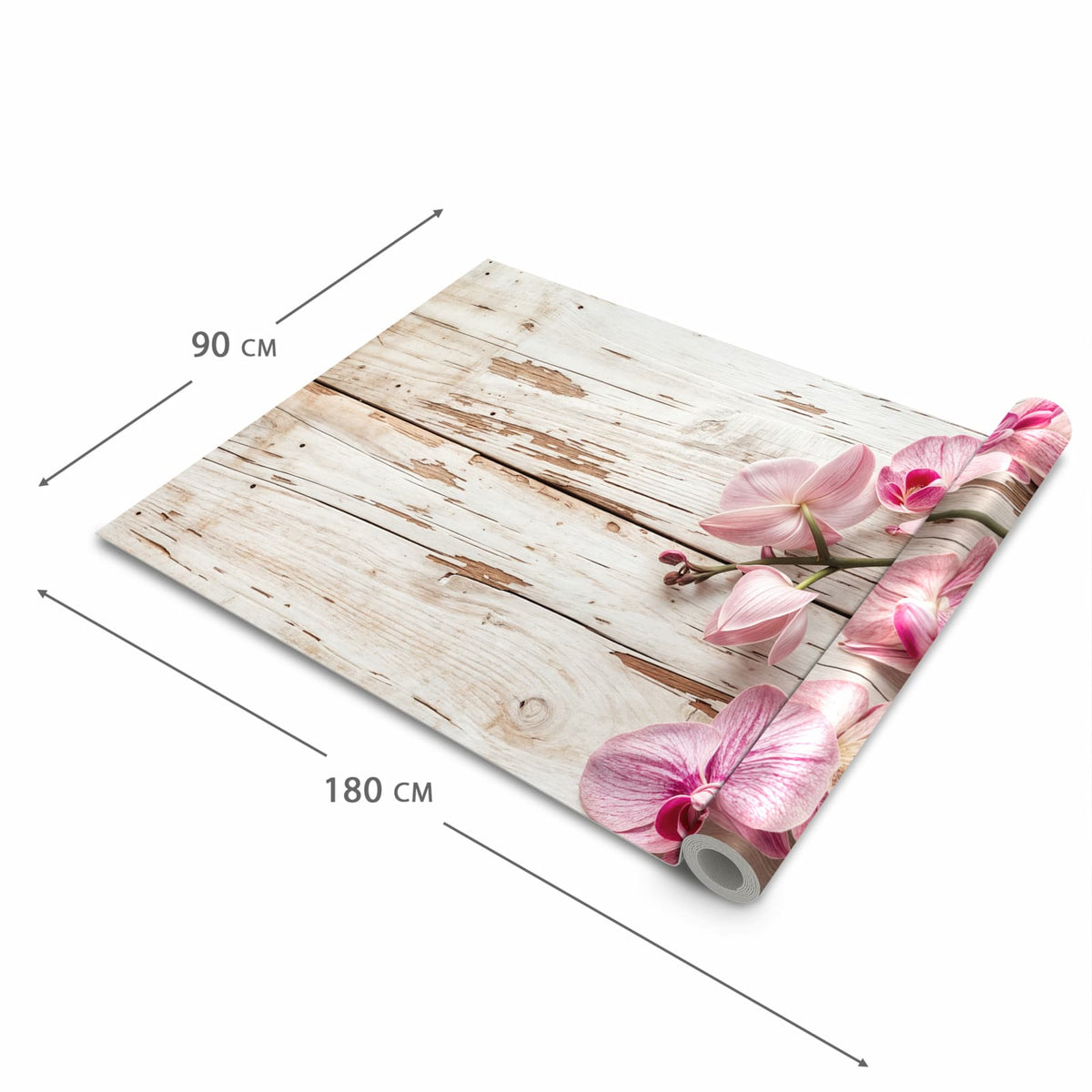 Komfortabler Küchenteppich mit Motiv Orchideen auf Holz in der Grösse 60x180 cm für die Küche
