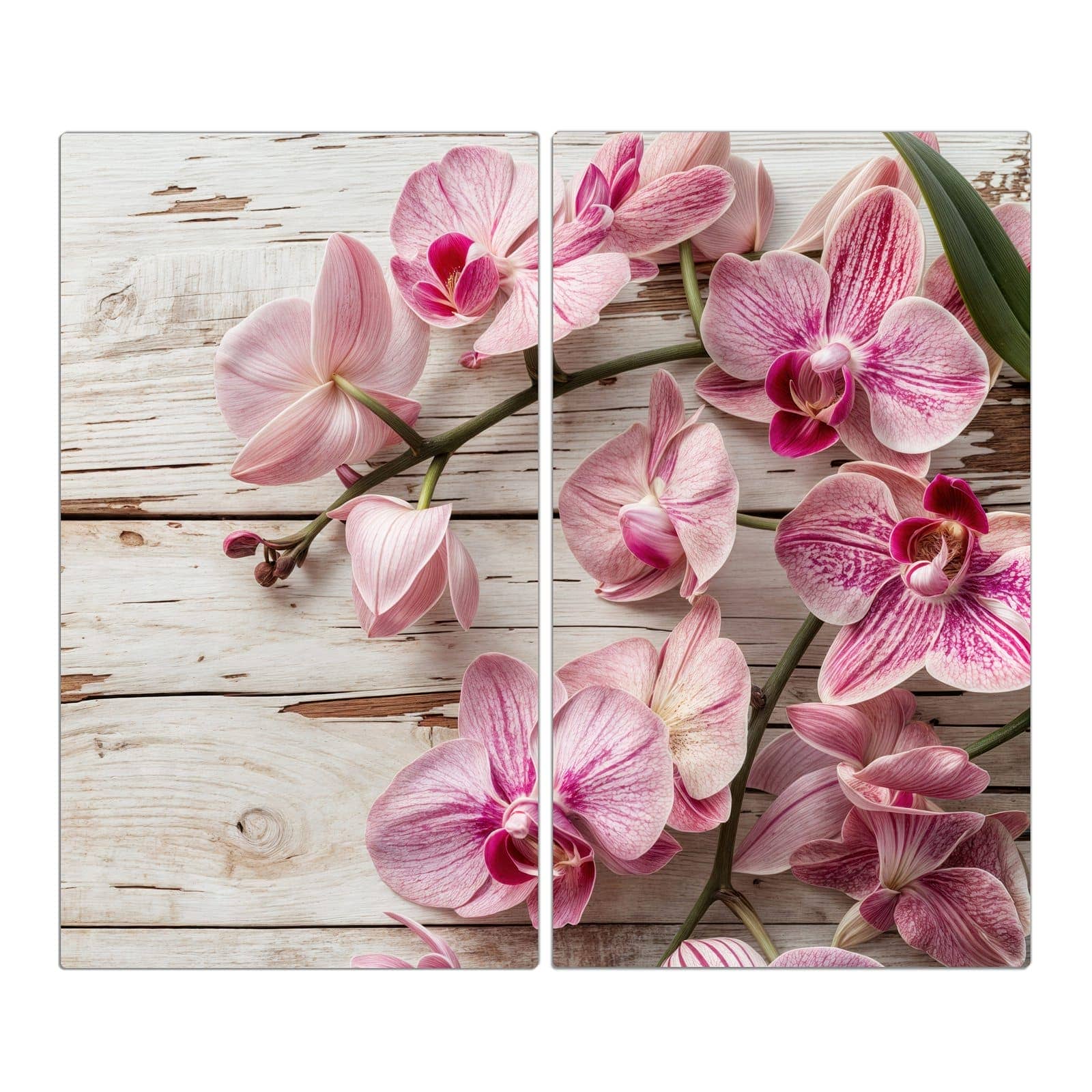 2-teilige Herdabdeckplatte aus Glas mit Orchideen auf Holz-Motiv in der Frontansicht #grösse_2-Teilig (60x52cm)